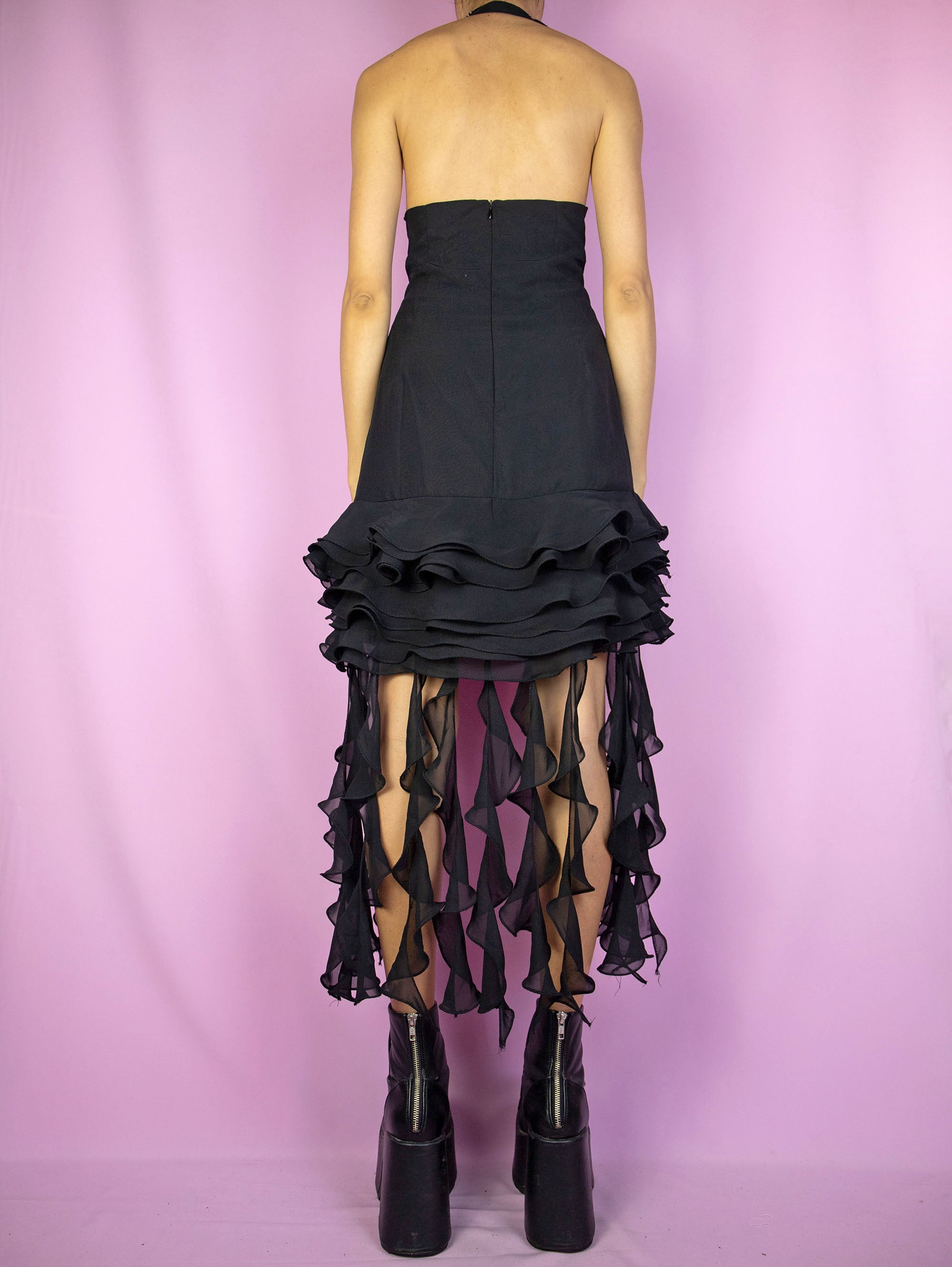 Vtg 90s Strapless Black Ruffle Hem store Dress