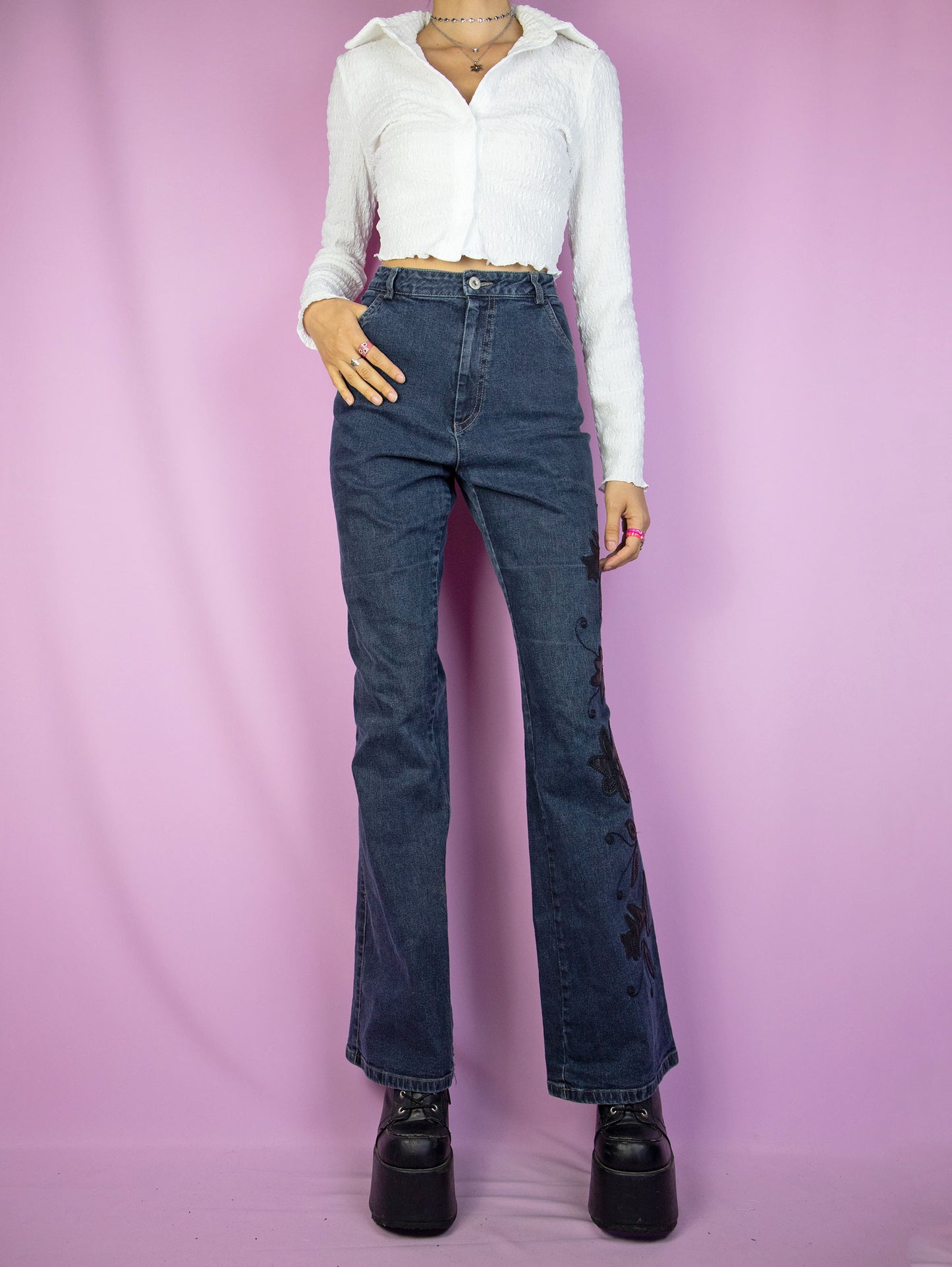 Vintage Y2K Floral Appliqué Flare Jeans - XL