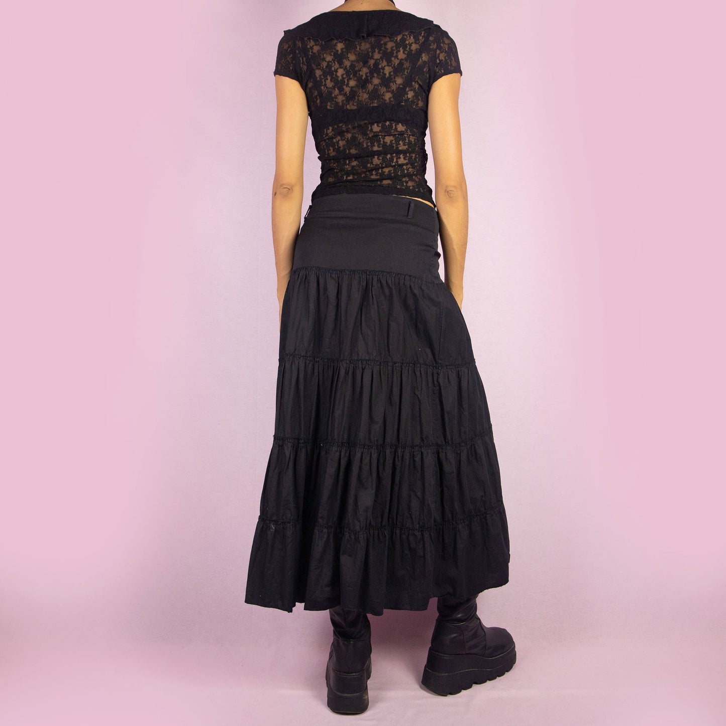 Vintage Y2K Black Tiered Midi Skirt - S