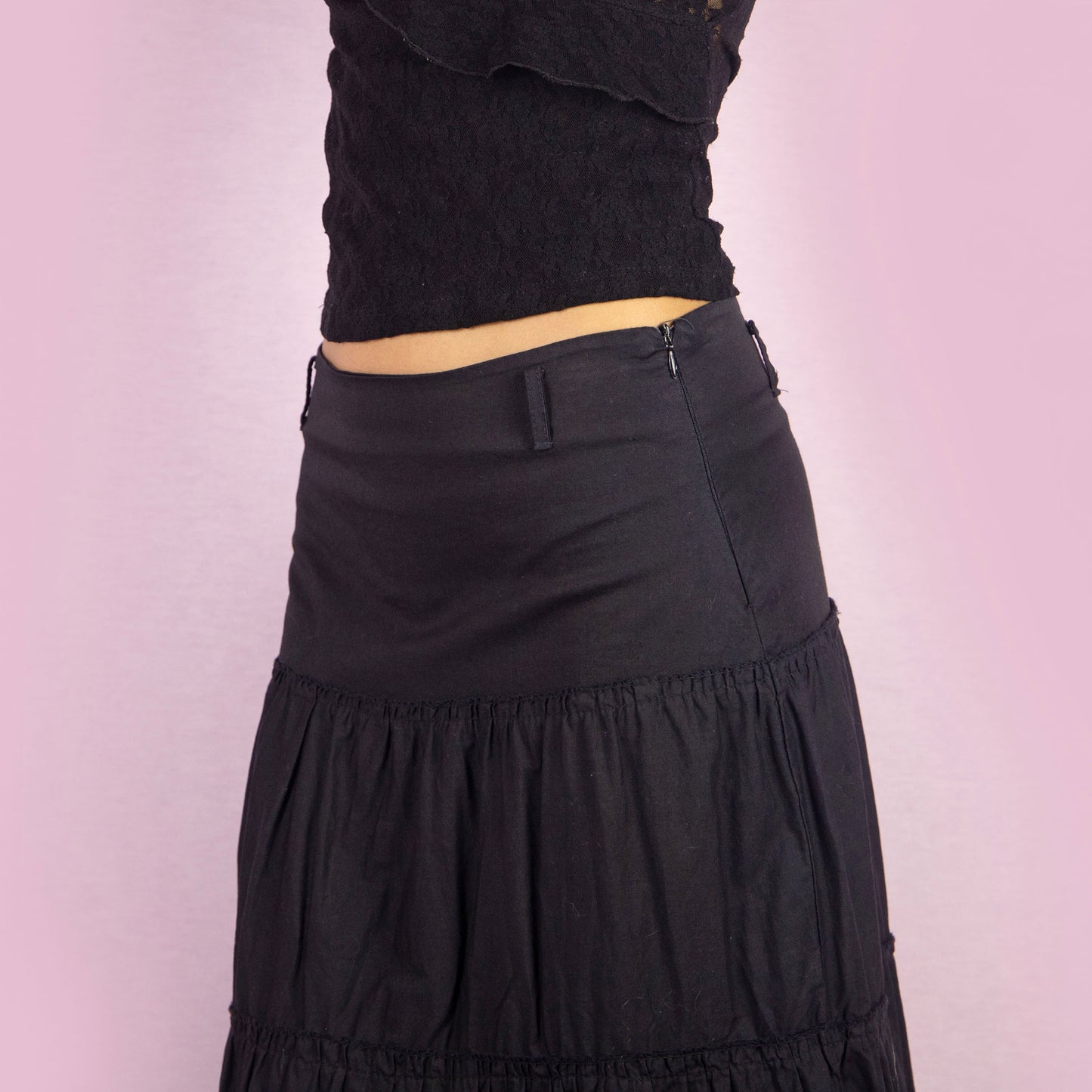 Vintage Y2K Black Tiered Midi Skirt - S