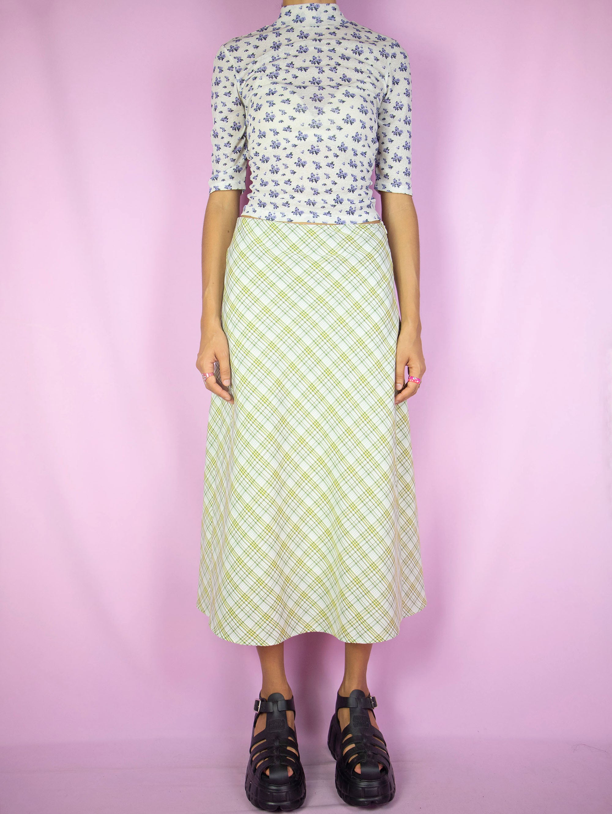 Green plaid outlet midi skirt