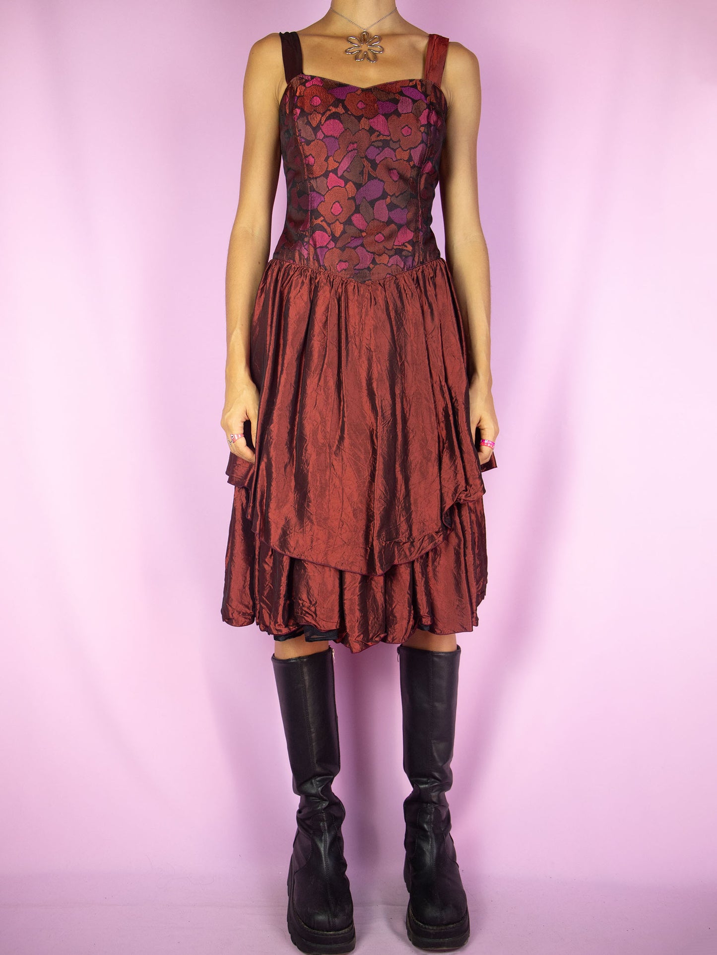 Vintage 90's Maroon Layered Midi Dress - M