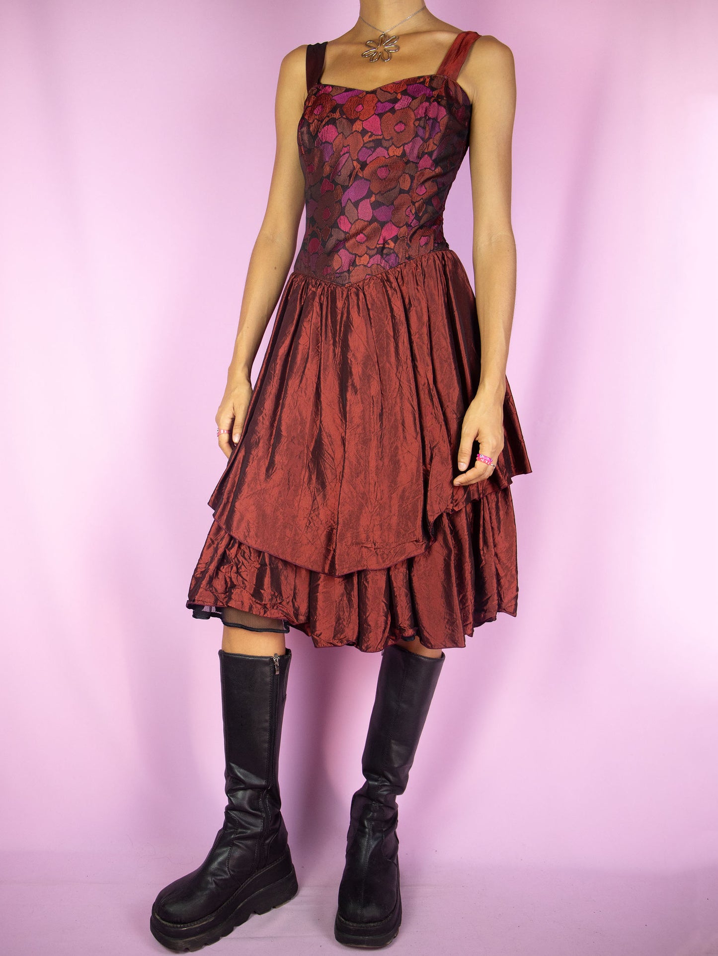 Vintage 90's Maroon Layered Midi Dress - M