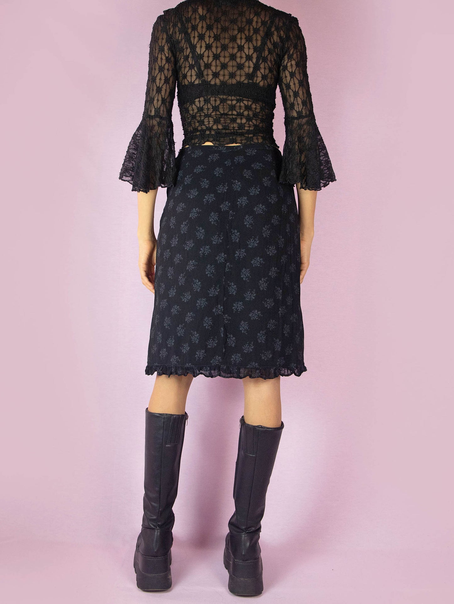 Vintage 90s Black Floral Print Skirt - S
