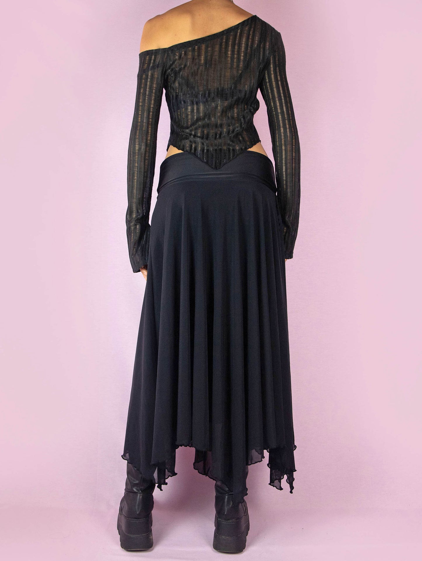 Y2K Black Mesh Maxi Skirt - M