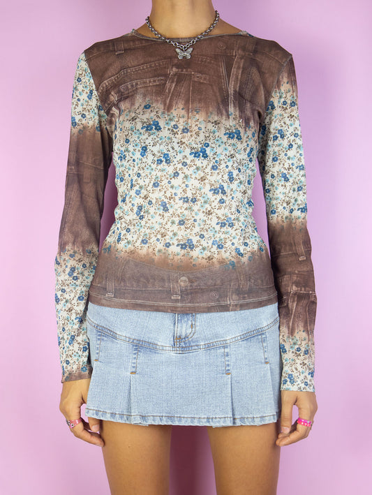 The Y2K Print Mesh Bell Sleeve Top is a vintage 2000s boho fairy grunge inspired brown, blue and white semi-sheer floral abstract graphic top. Made in Spain.