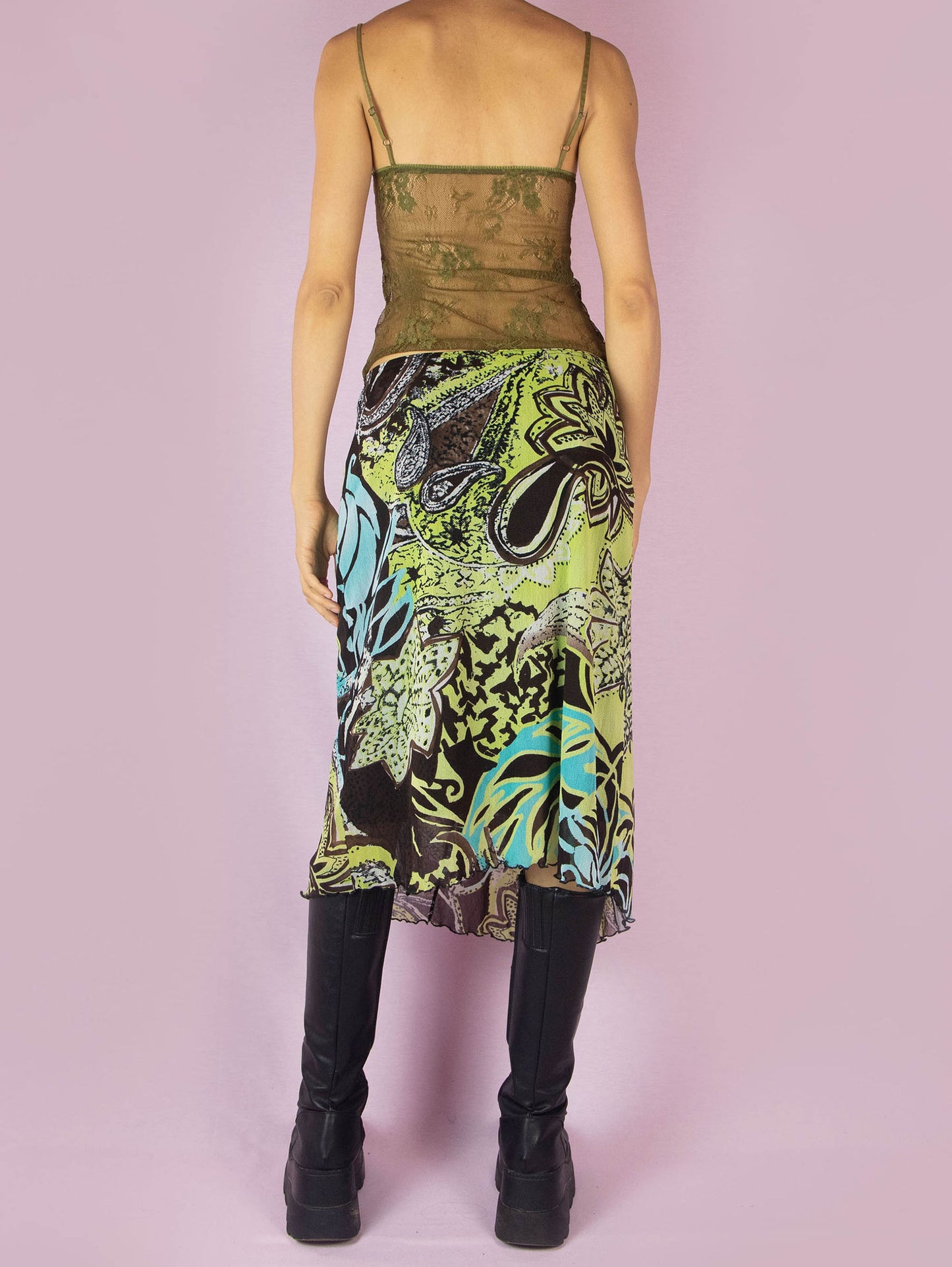 Y2K Printed Mesh Midi Skirt - L