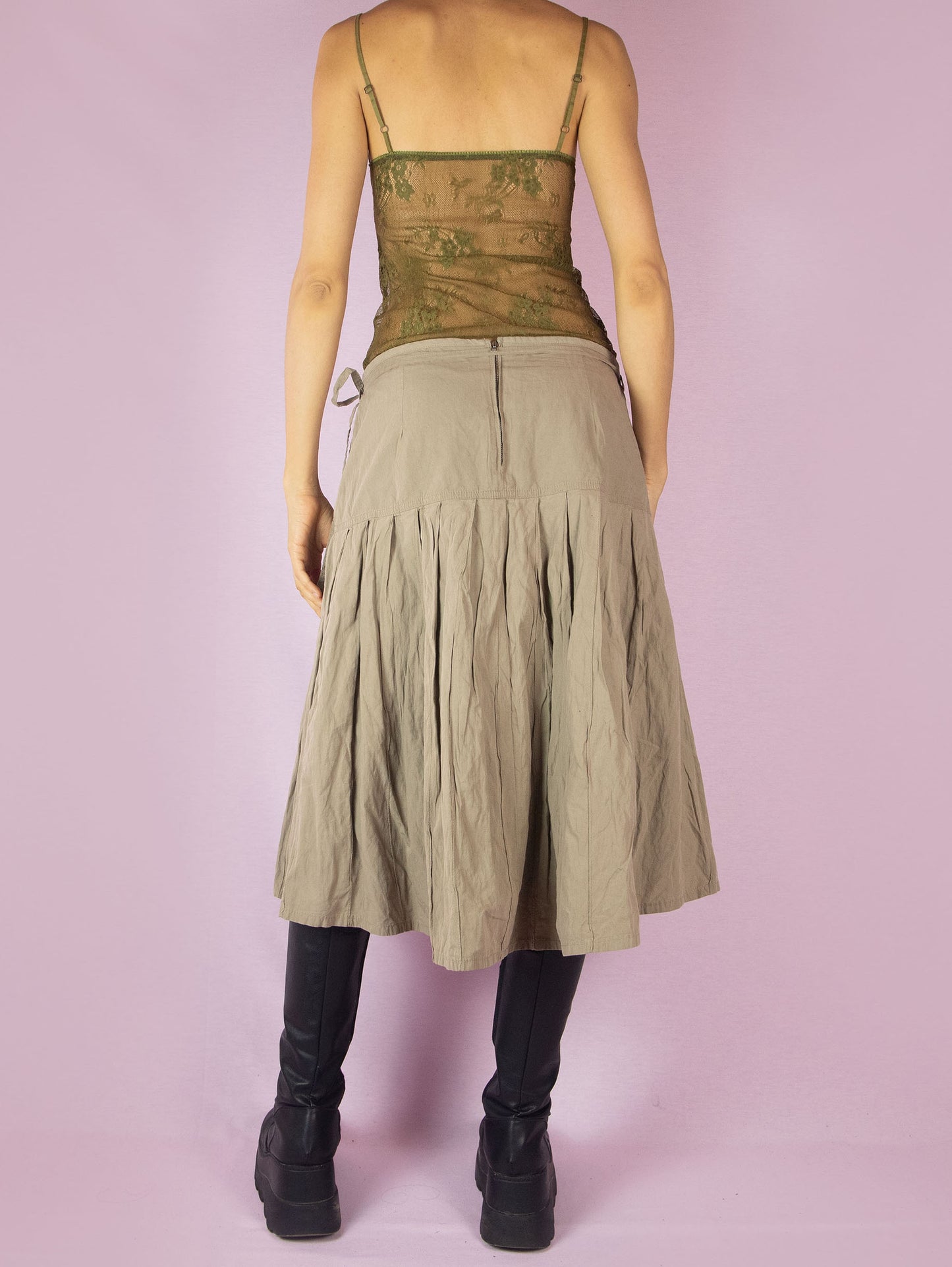 Y2K Khaki Pleated Midi Skirt - L