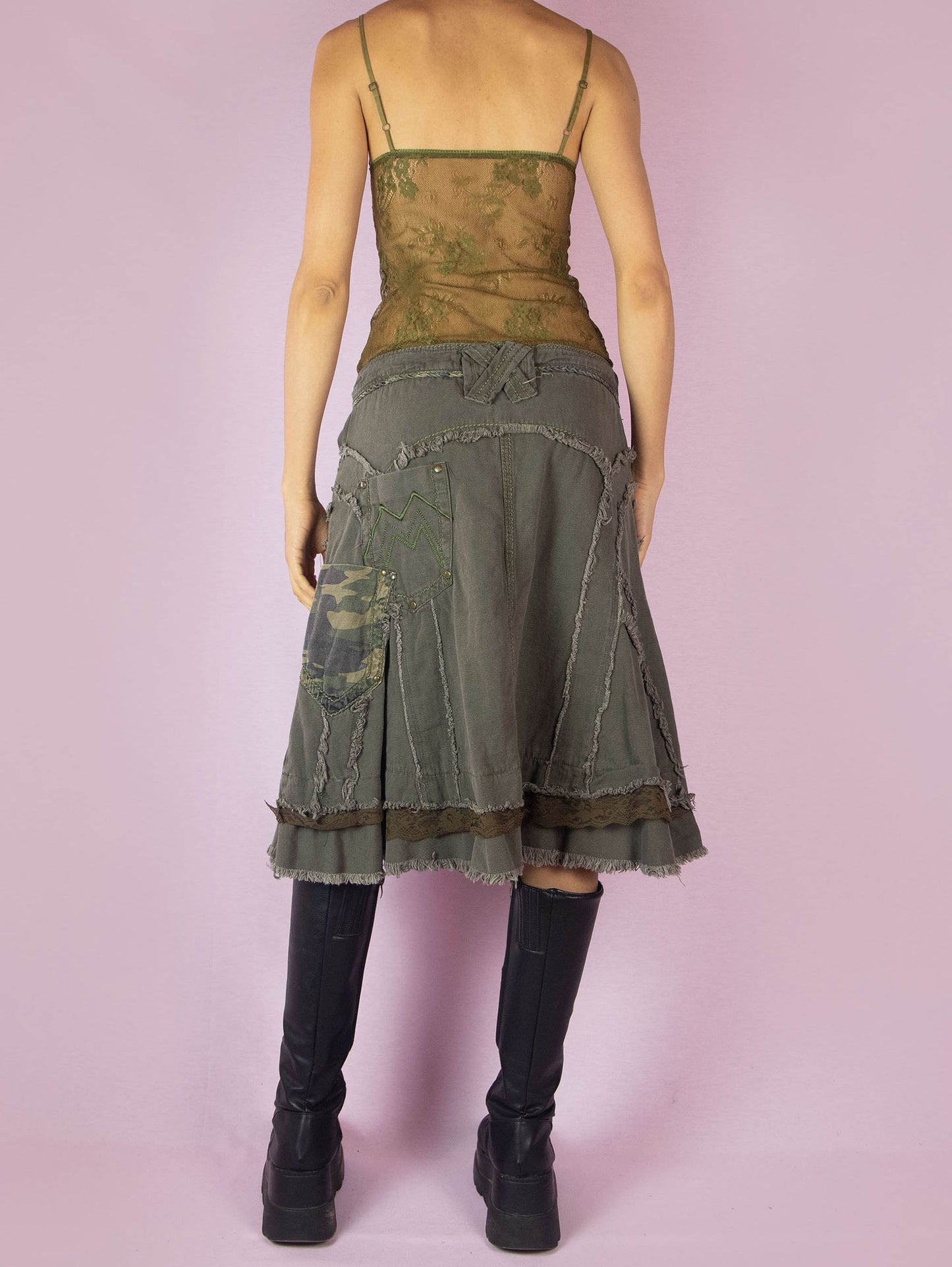 Y2K Khaki Denim Midi Skirt - L