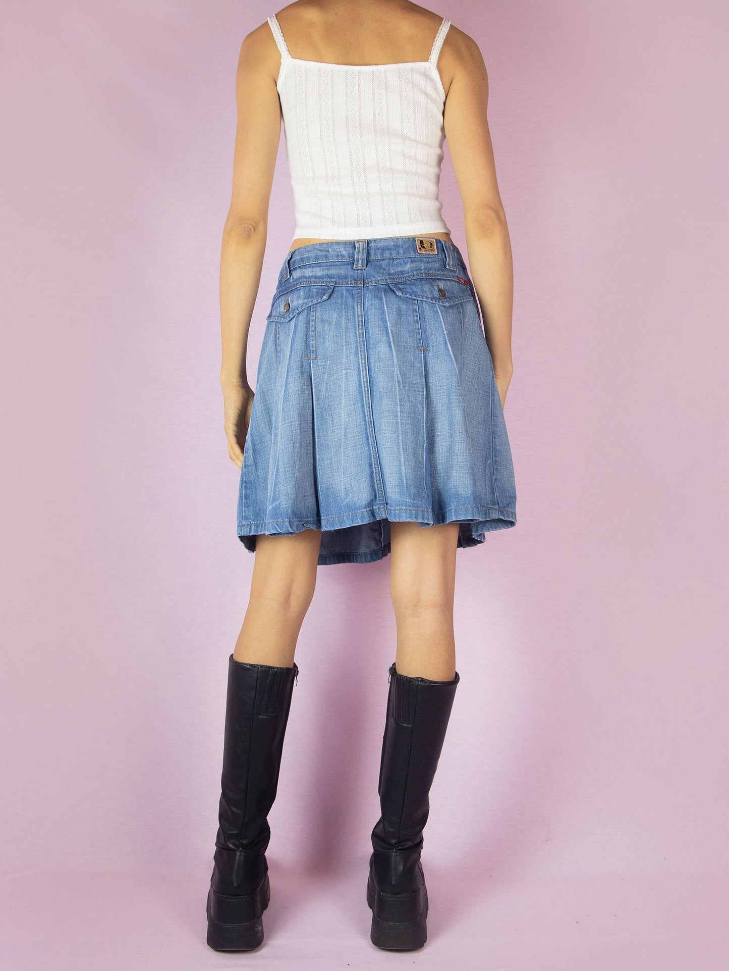 Y2K Pleated Denim Mini Skirt - L