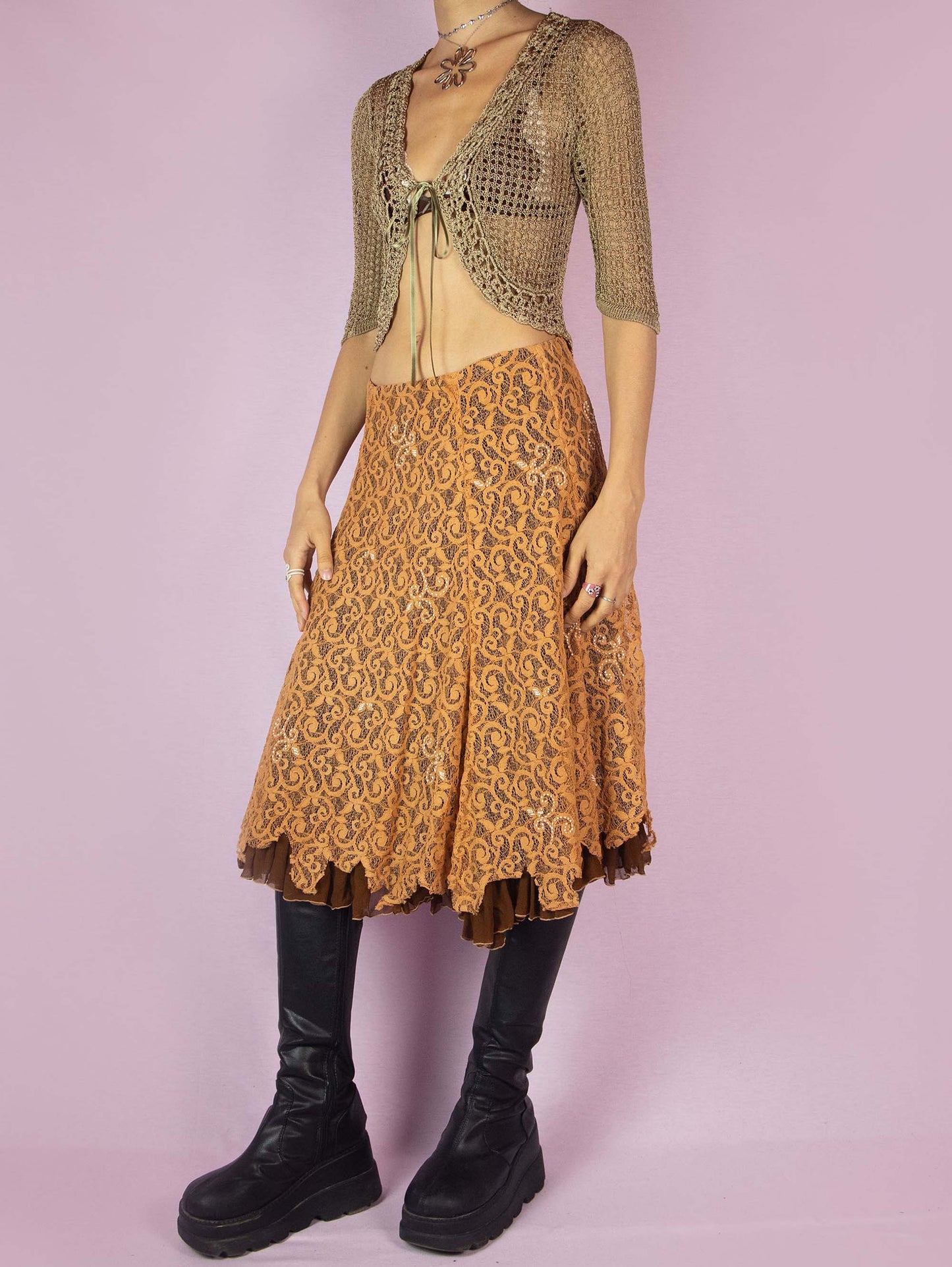 The Y2K Lace Circle Midi Skirt is a vintage 2000s layered brown and orange evening party skirt embellished with beads and featuring a back zipper closure.