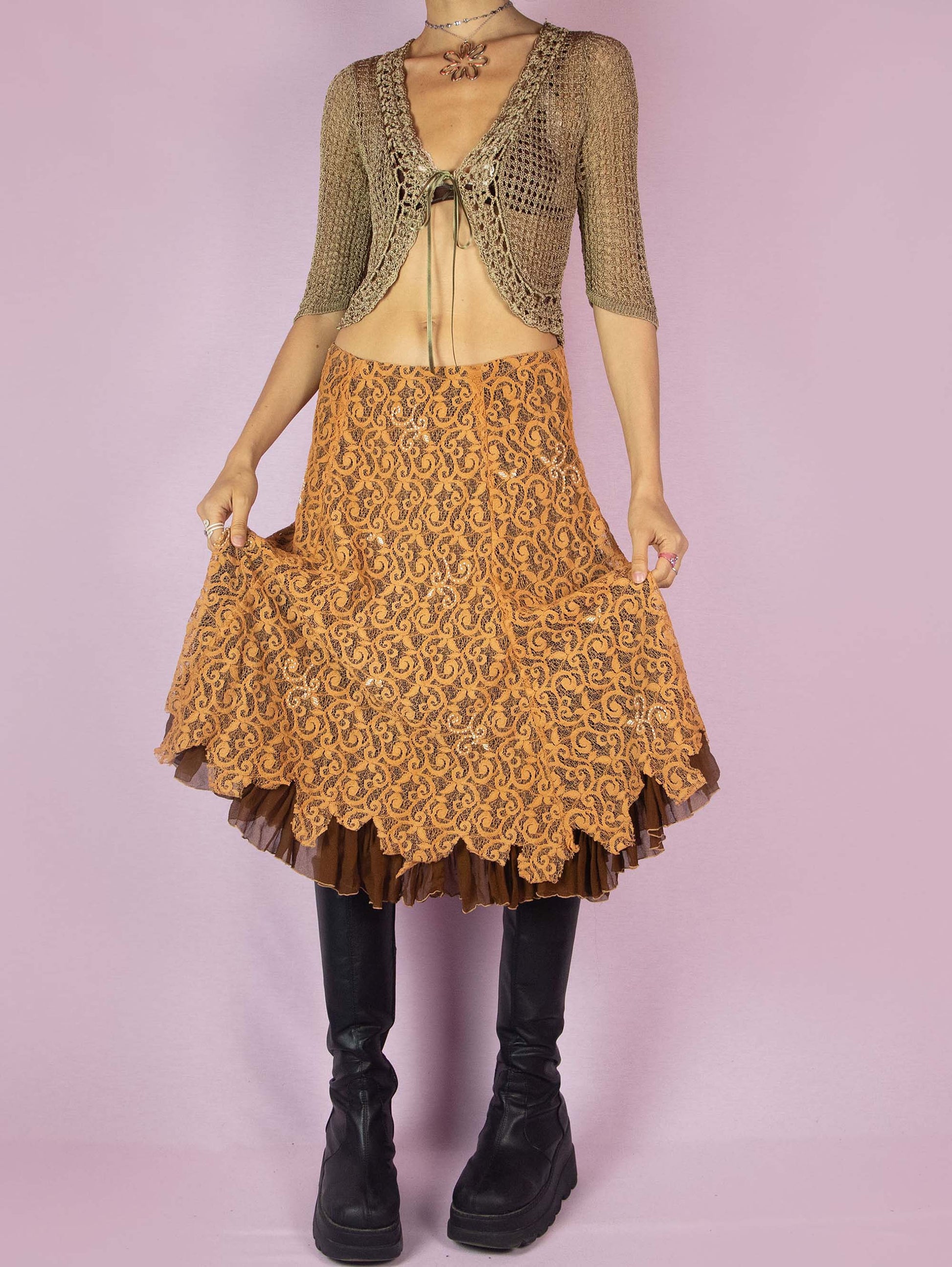 The Y2K Lace Circle Midi Skirt is a vintage 2000s layered brown and orange evening party skirt embellished with beads and featuring a back zipper closure.