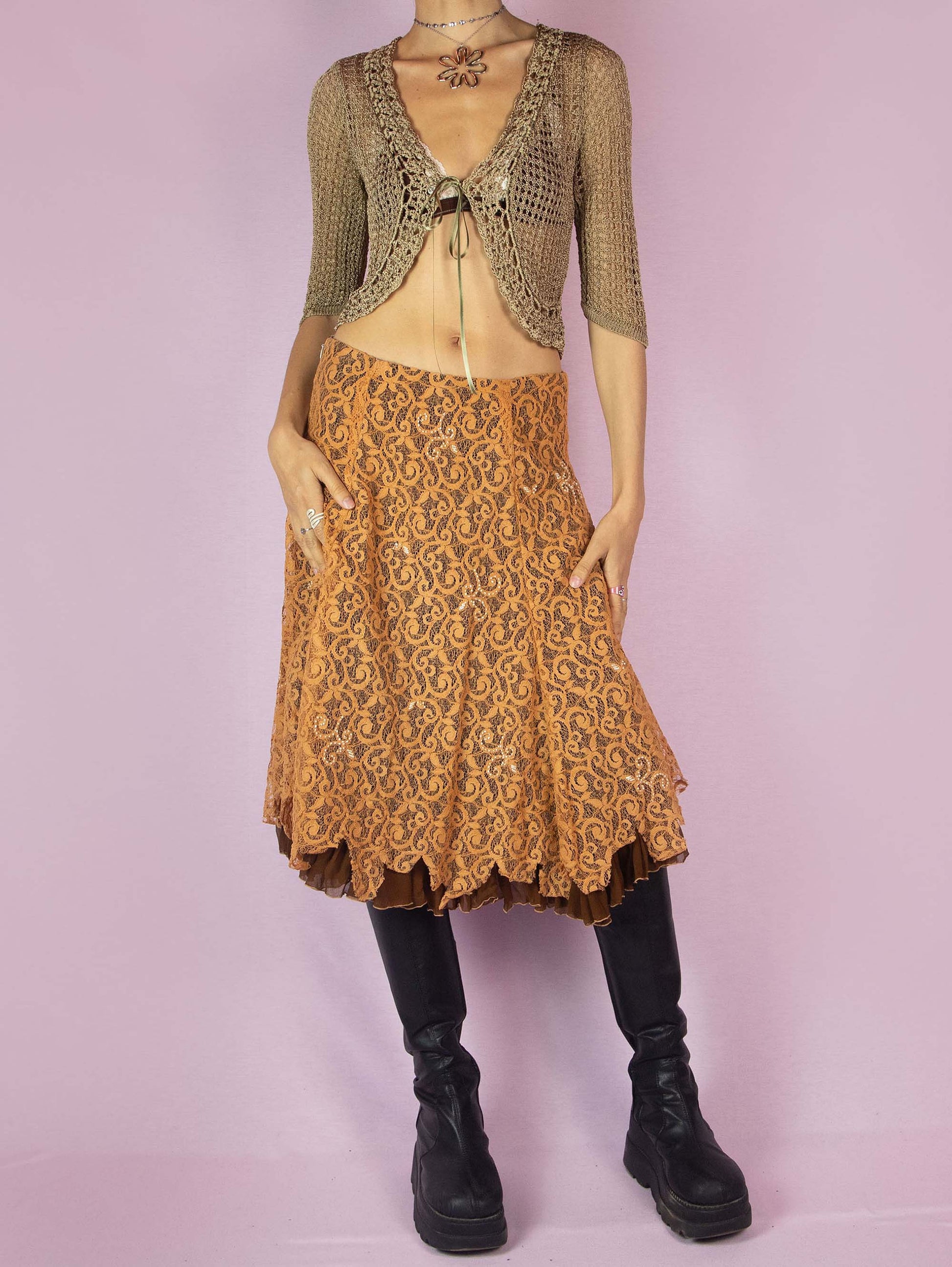 The Y2K Lace Circle Midi Skirt is a vintage 2000s layered brown and orange evening party skirt embellished with beads and featuring a back zipper closure.