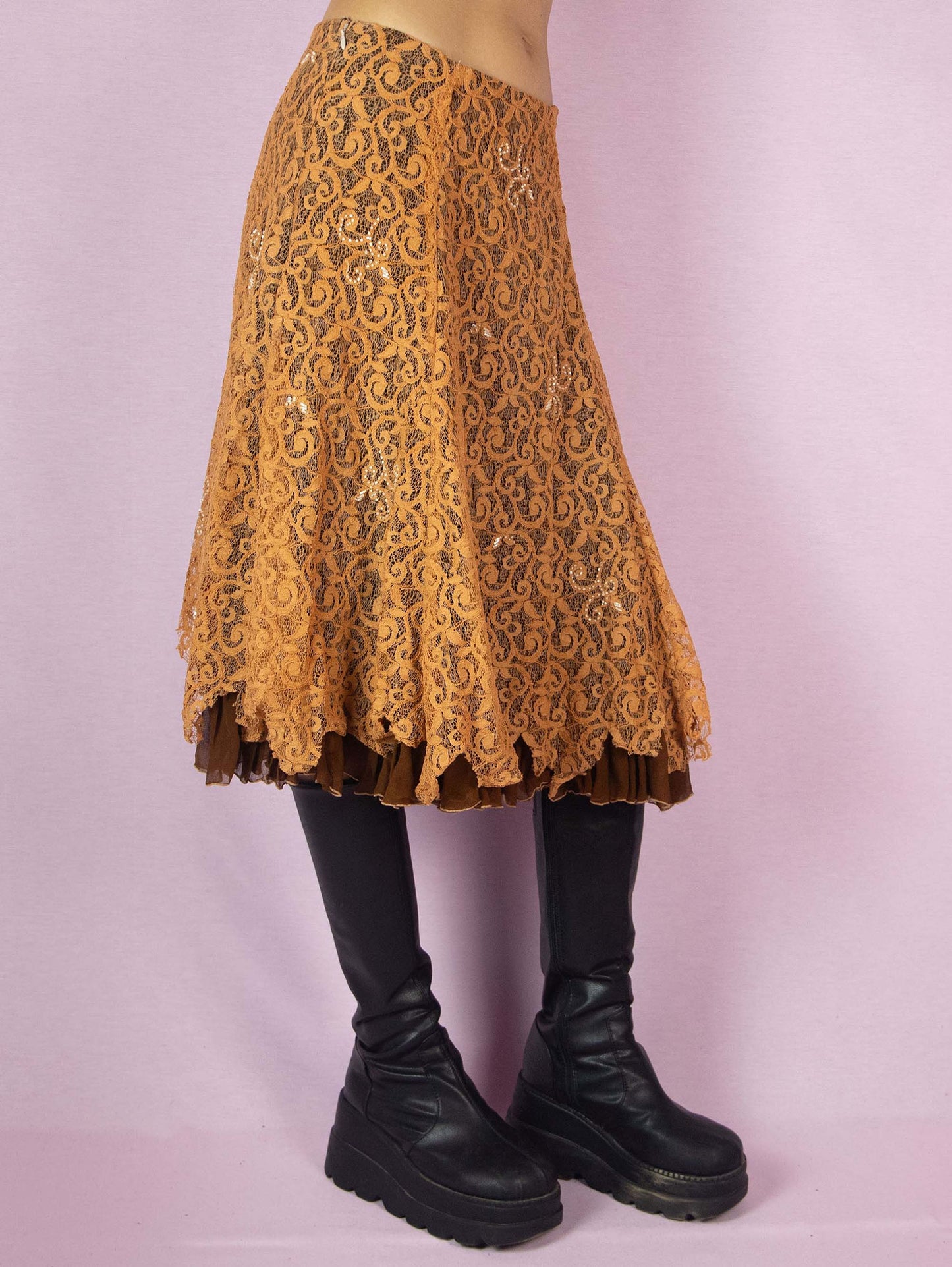 The Y2K Lace Circle Midi Skirt is a vintage 2000s layered brown and orange evening party skirt embellished with beads and featuring a back zipper closure.