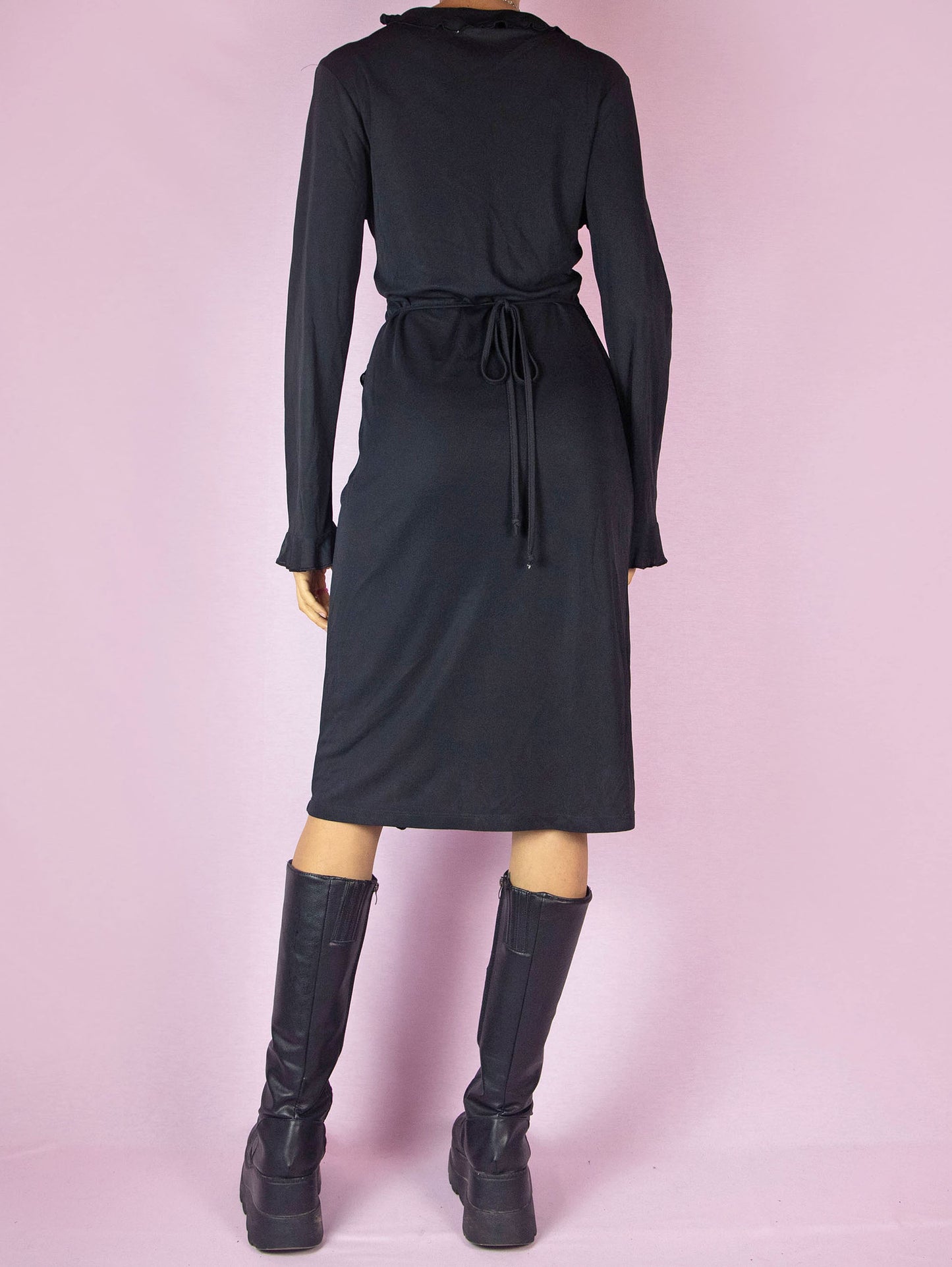 Vintage 90s Black Ruffle Wrap Dress - M