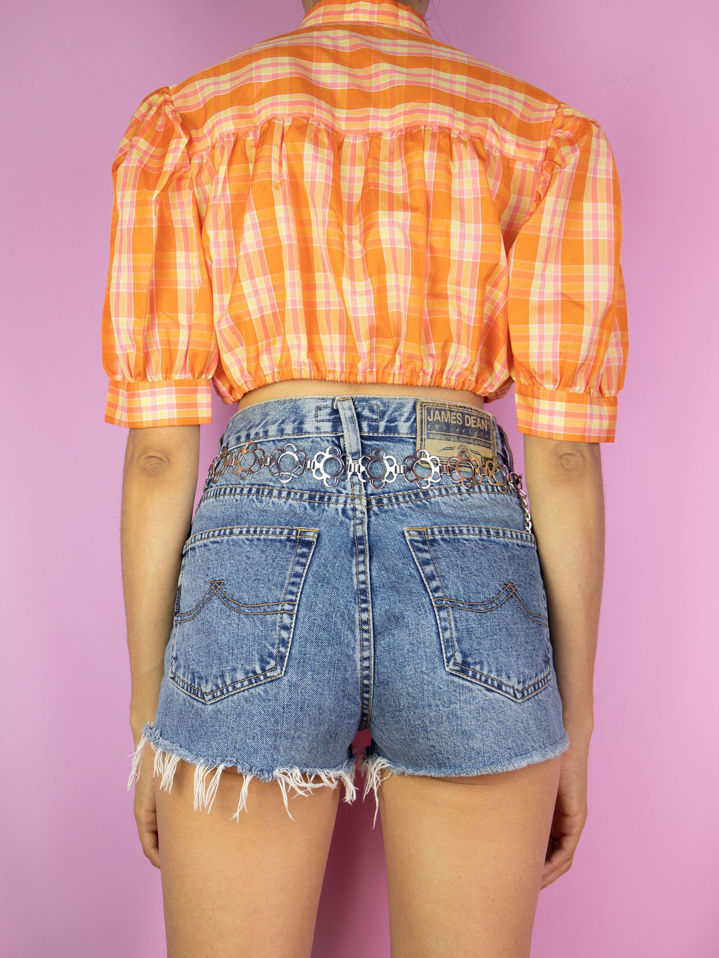The Y2K Orange Plaid Crop Top is a vintage checkered cropped shirt with a collar, buttons, and puff sleeves. Cottage prairie 2000s country western summer gingham blouse.