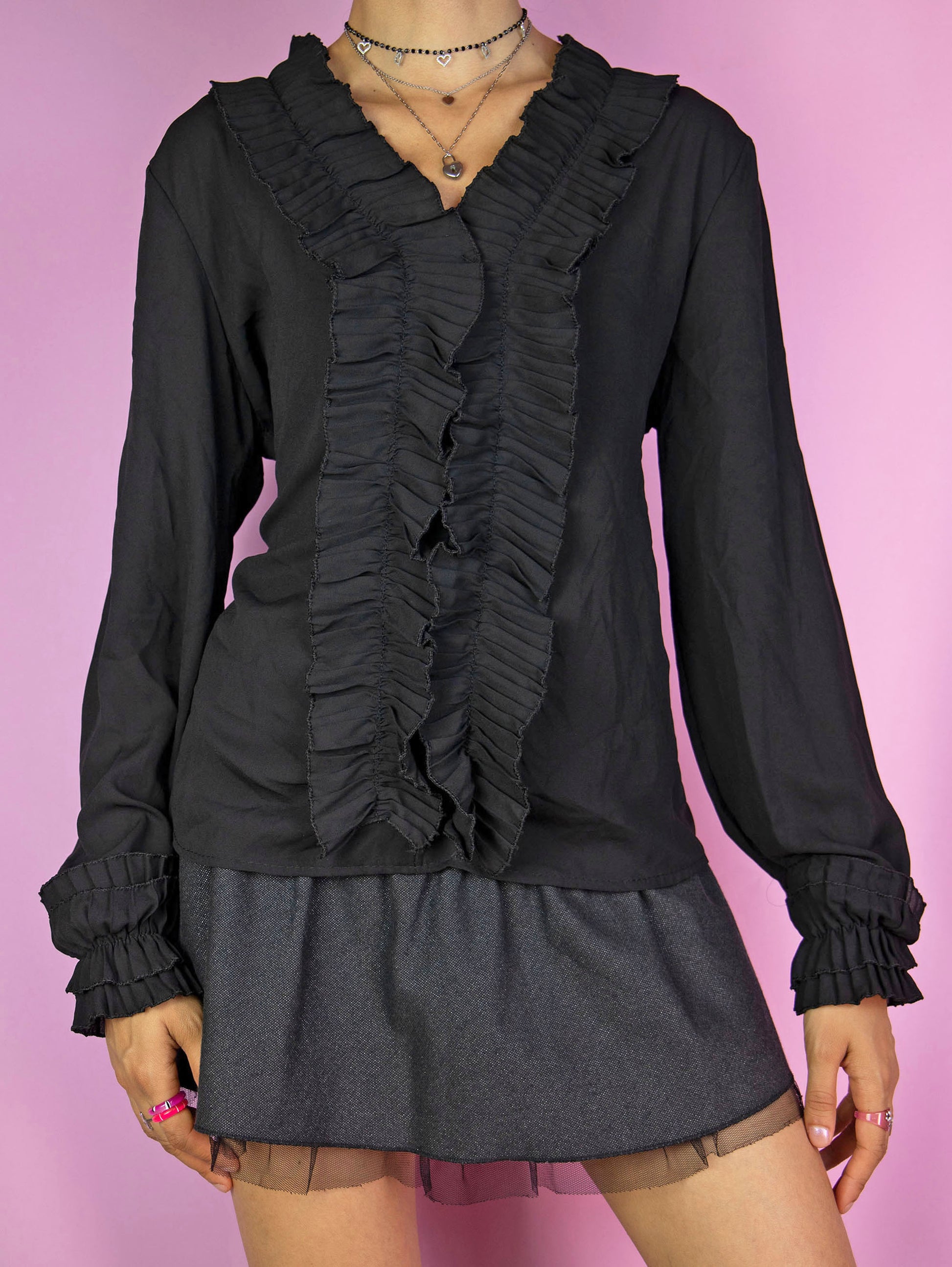 black ruffle blouse