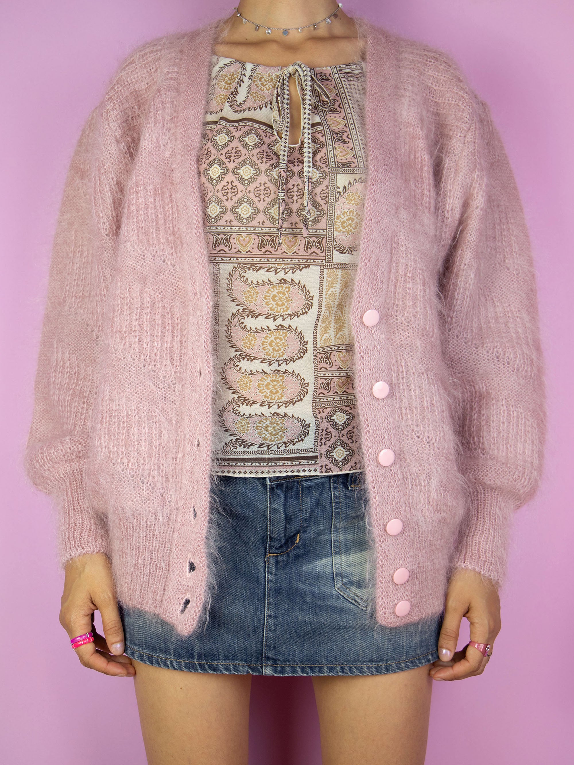 Vintage 90s Pink Mohair Knit Cardigan - XL
