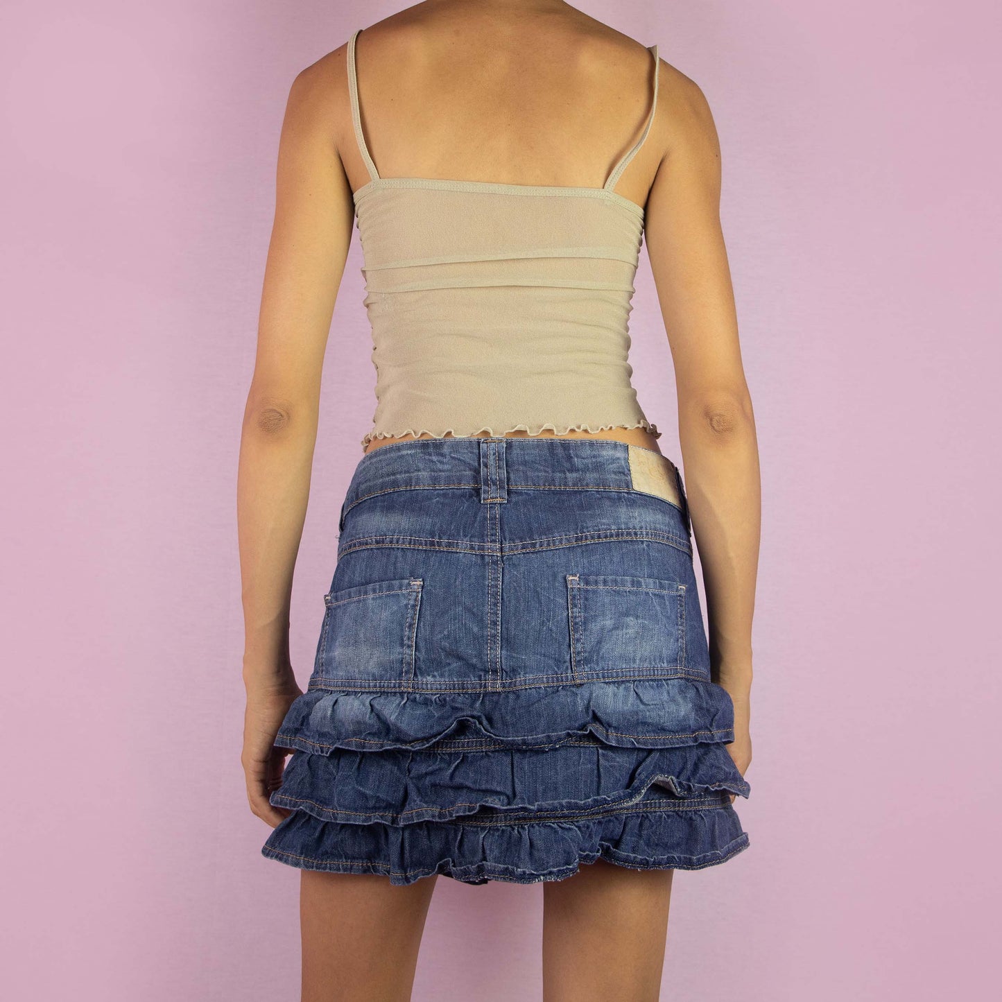 Vintage Y2K Denim Ruffle Mini Skirt - L