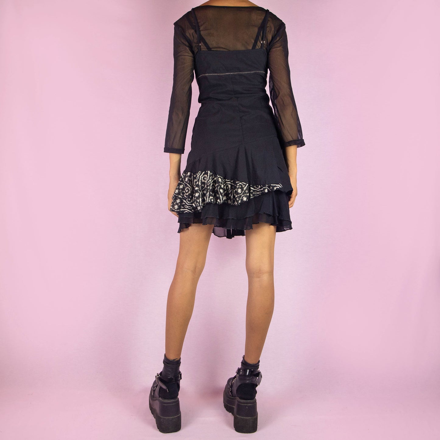 Vintage Y2K Black Asymmetric Mesh Dress - L