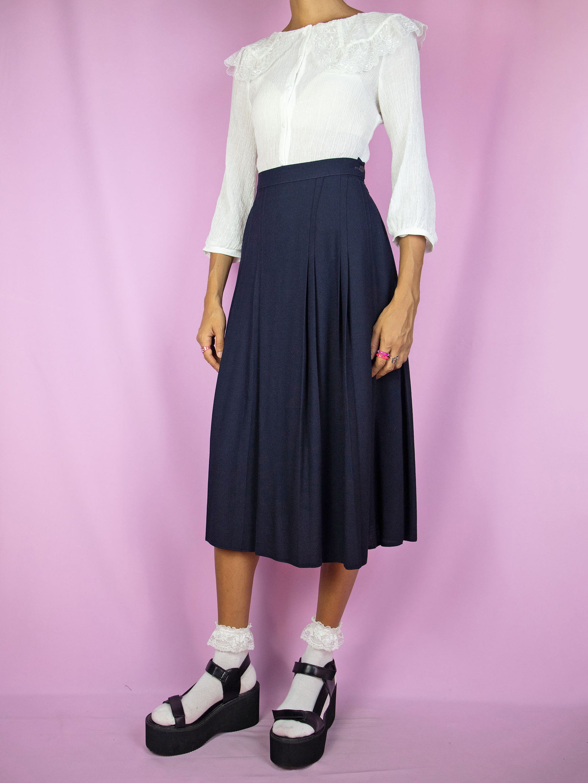 Vintage 90's Navy Pleated Midi Skirt - M/L – Adult World Shop
