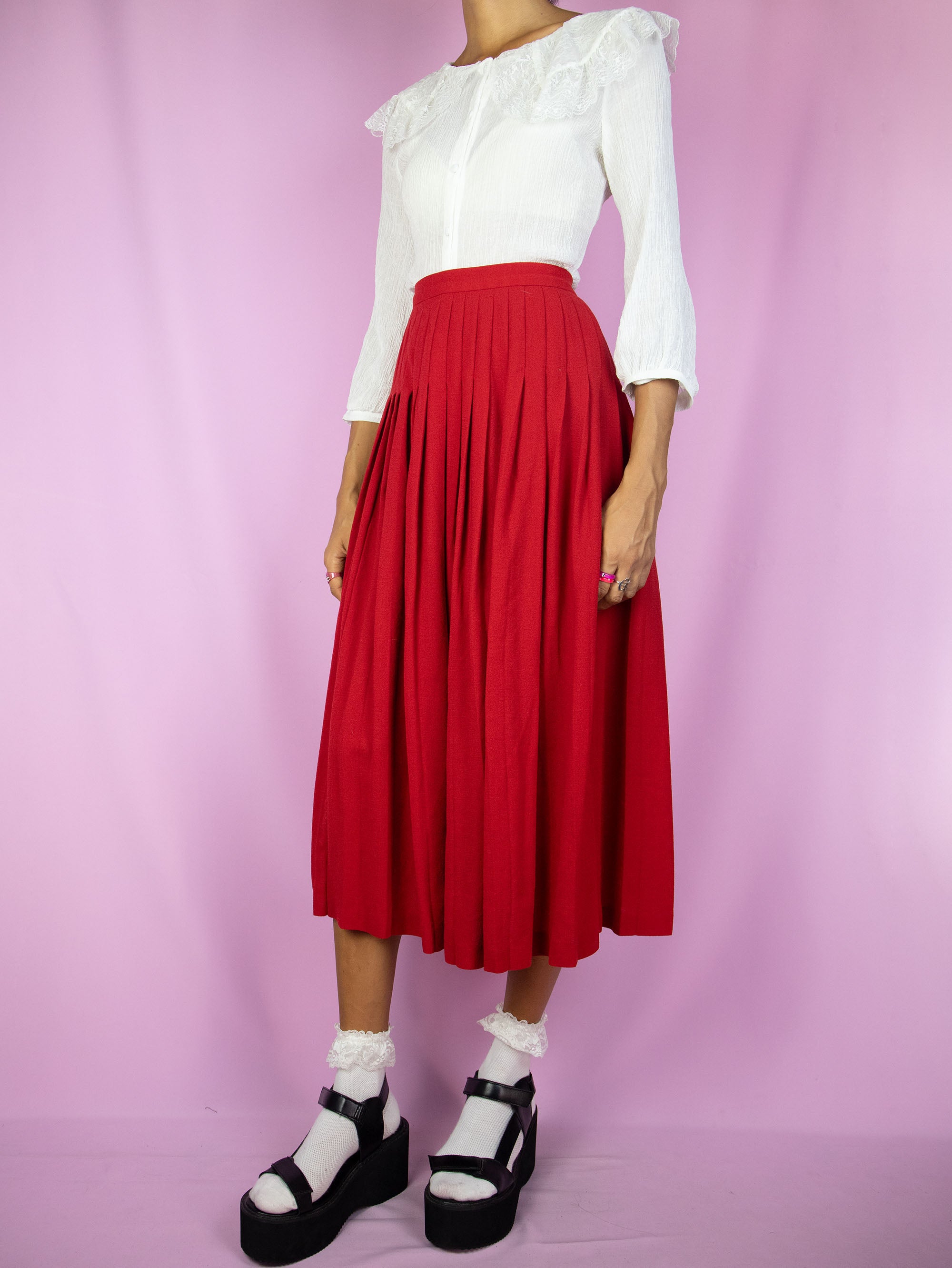 Vintage 80s Red Wool Pleated Skirt L Adult World Shop