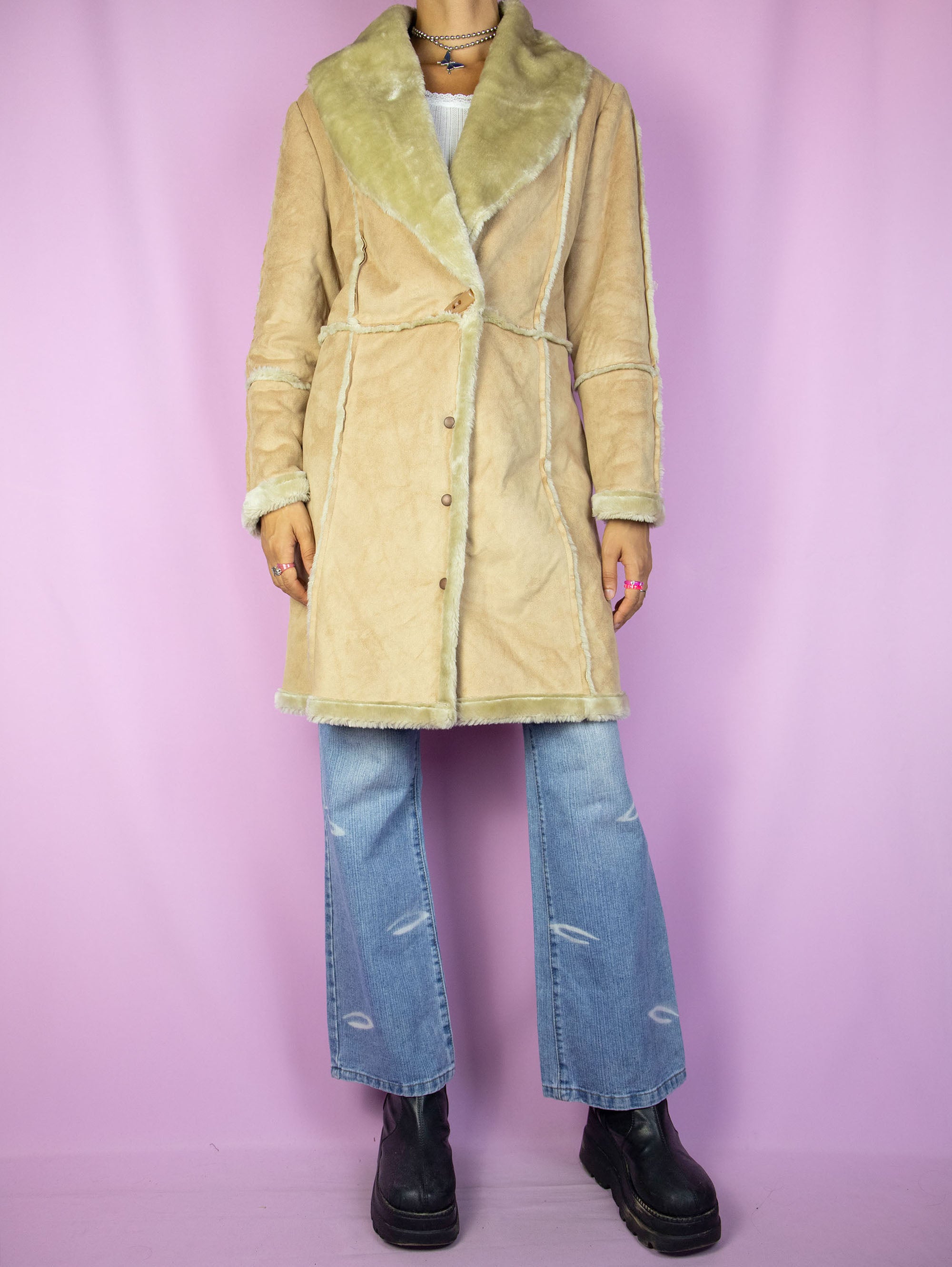 Y2K Beige Faux Suede Fur Coat - M