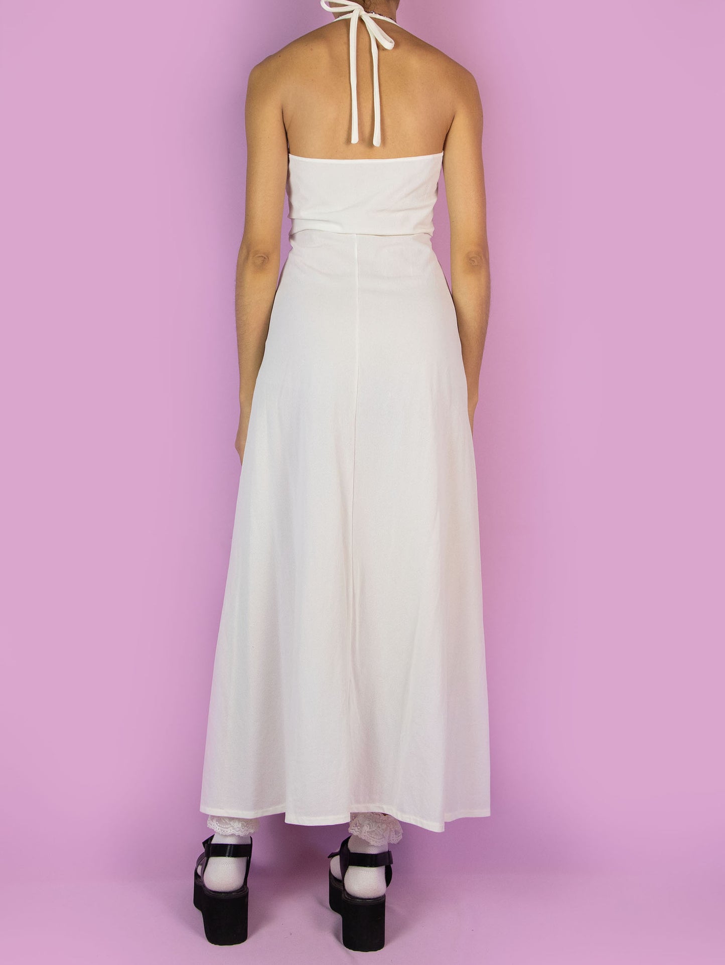 Vintage 70s White Halter Maxi Dress - M