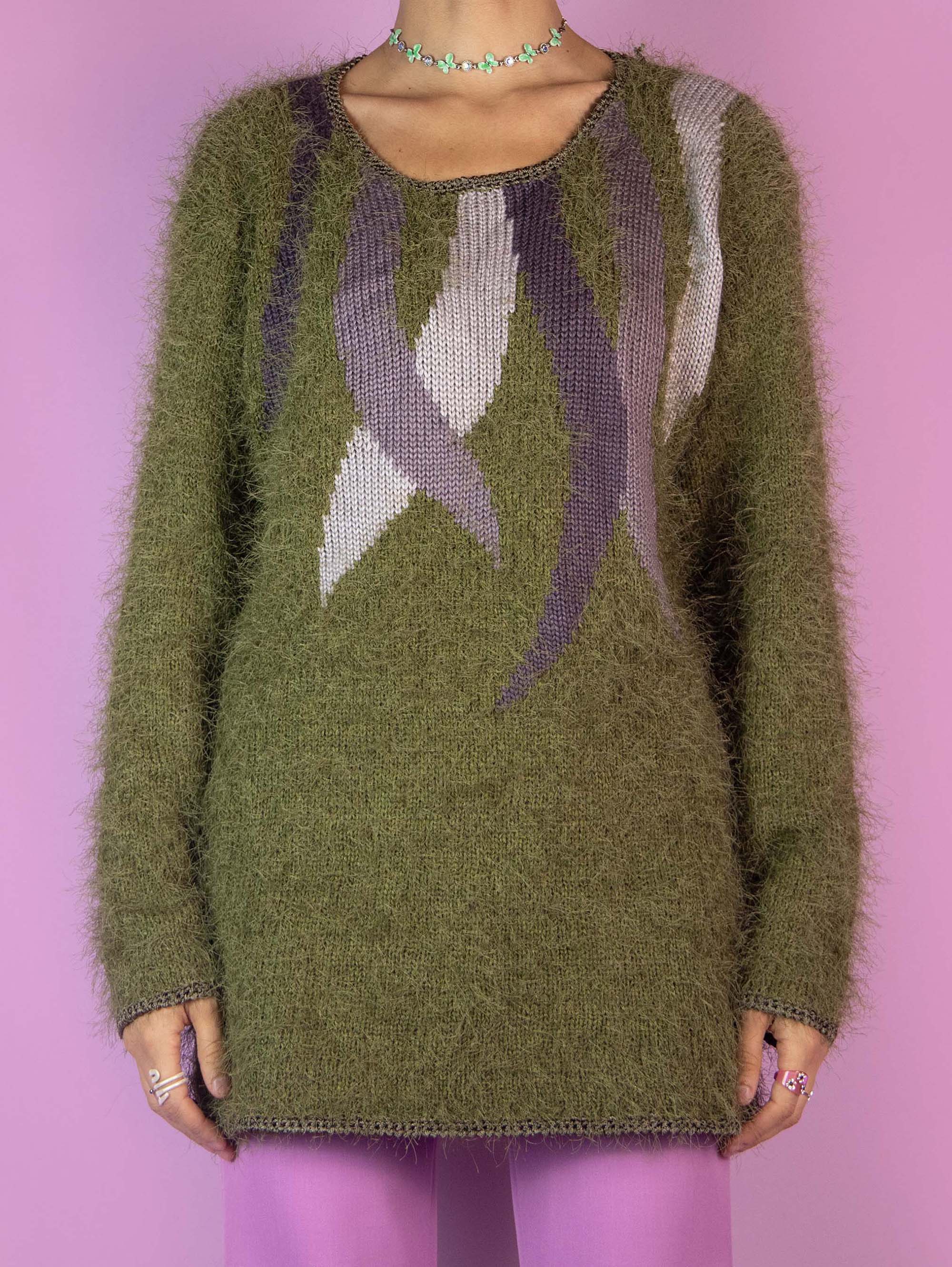 Vintage 90s Green Fuzzy Knit Sweater XL