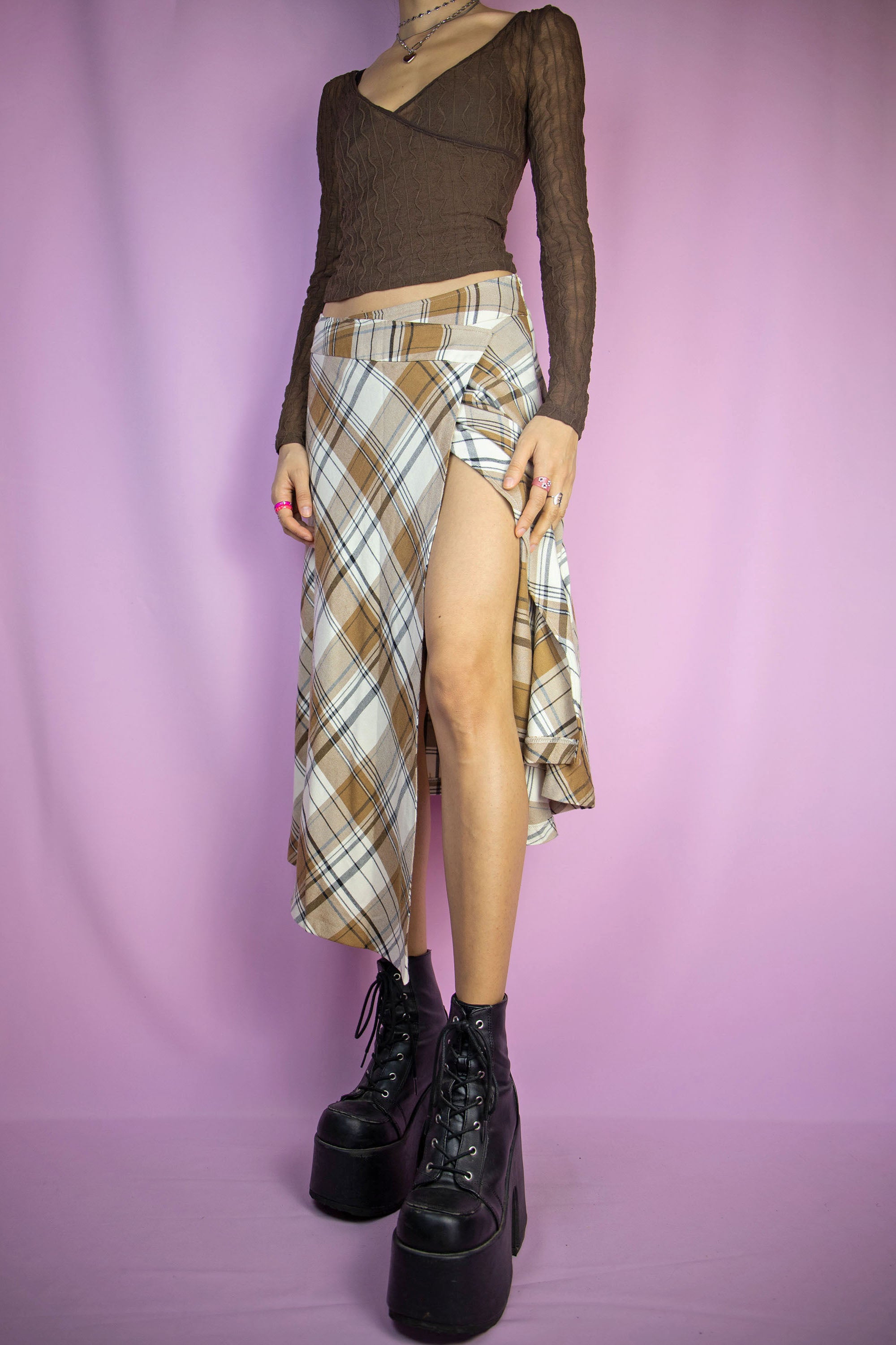 Y2K Brown Plaid Midi Skirt S Adult World Shop