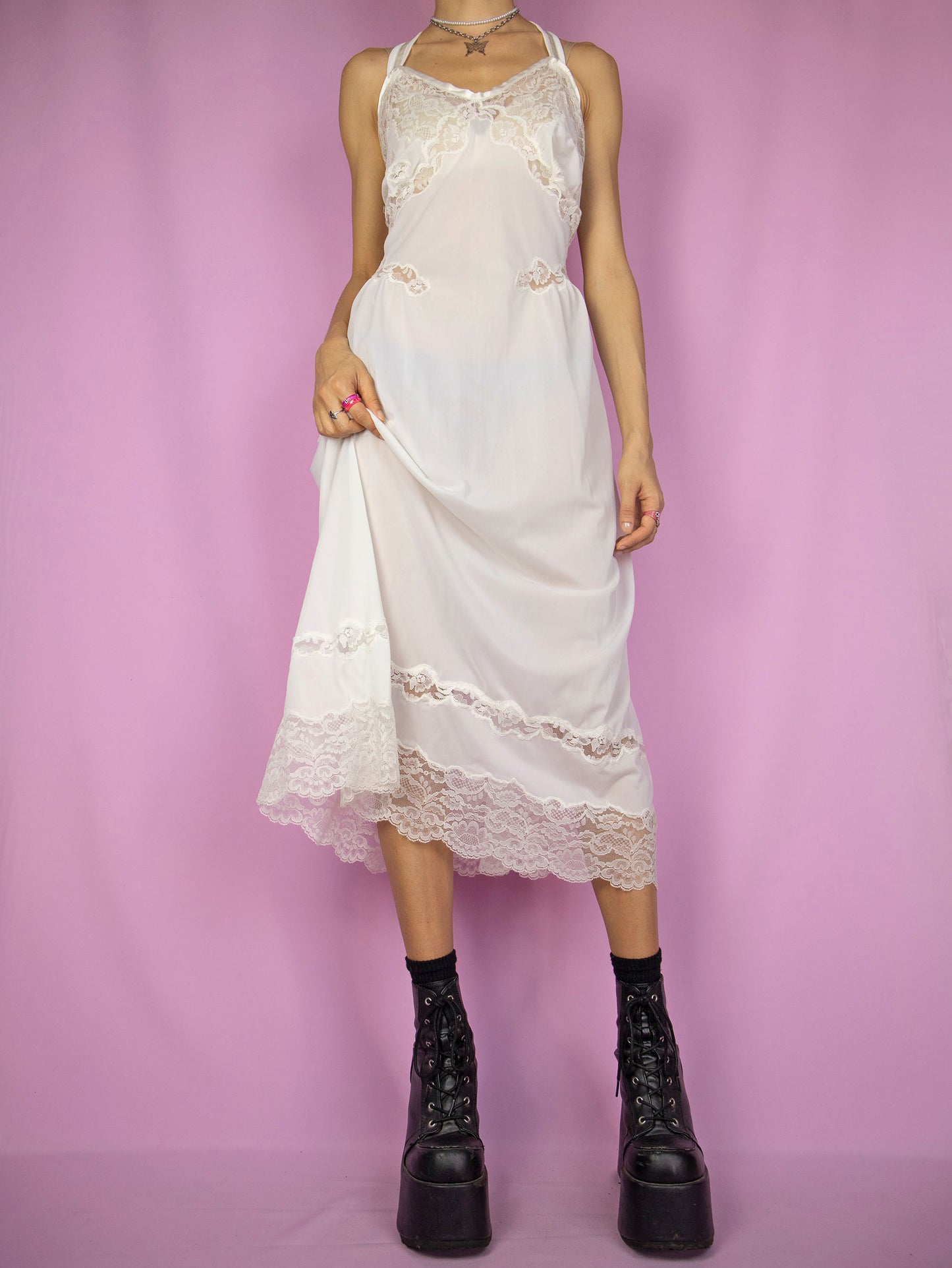 Vintage 90's White Lace Midi Dress - L
