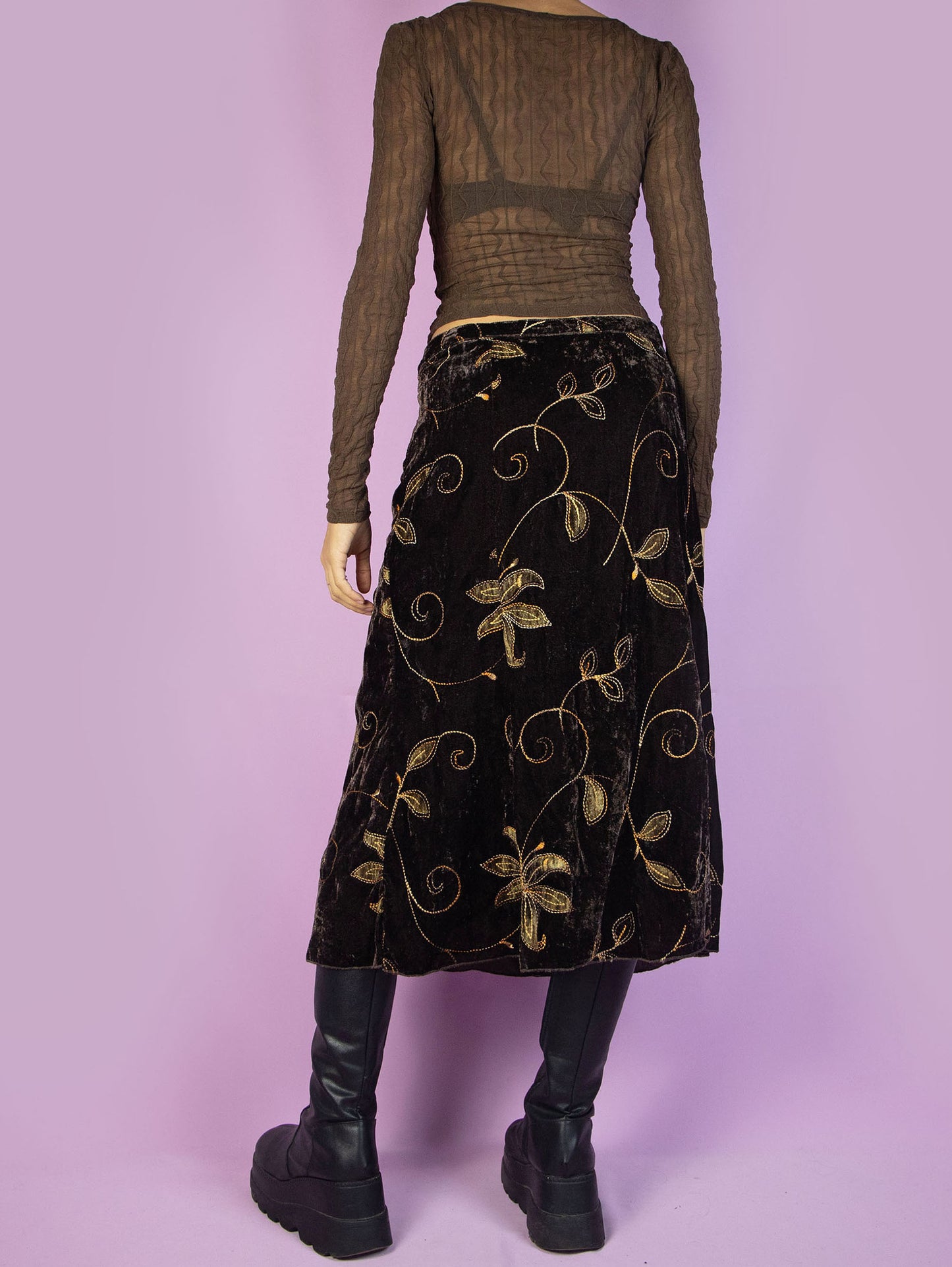 Vintage 90s Brown Velvet Midi Skirt - XL