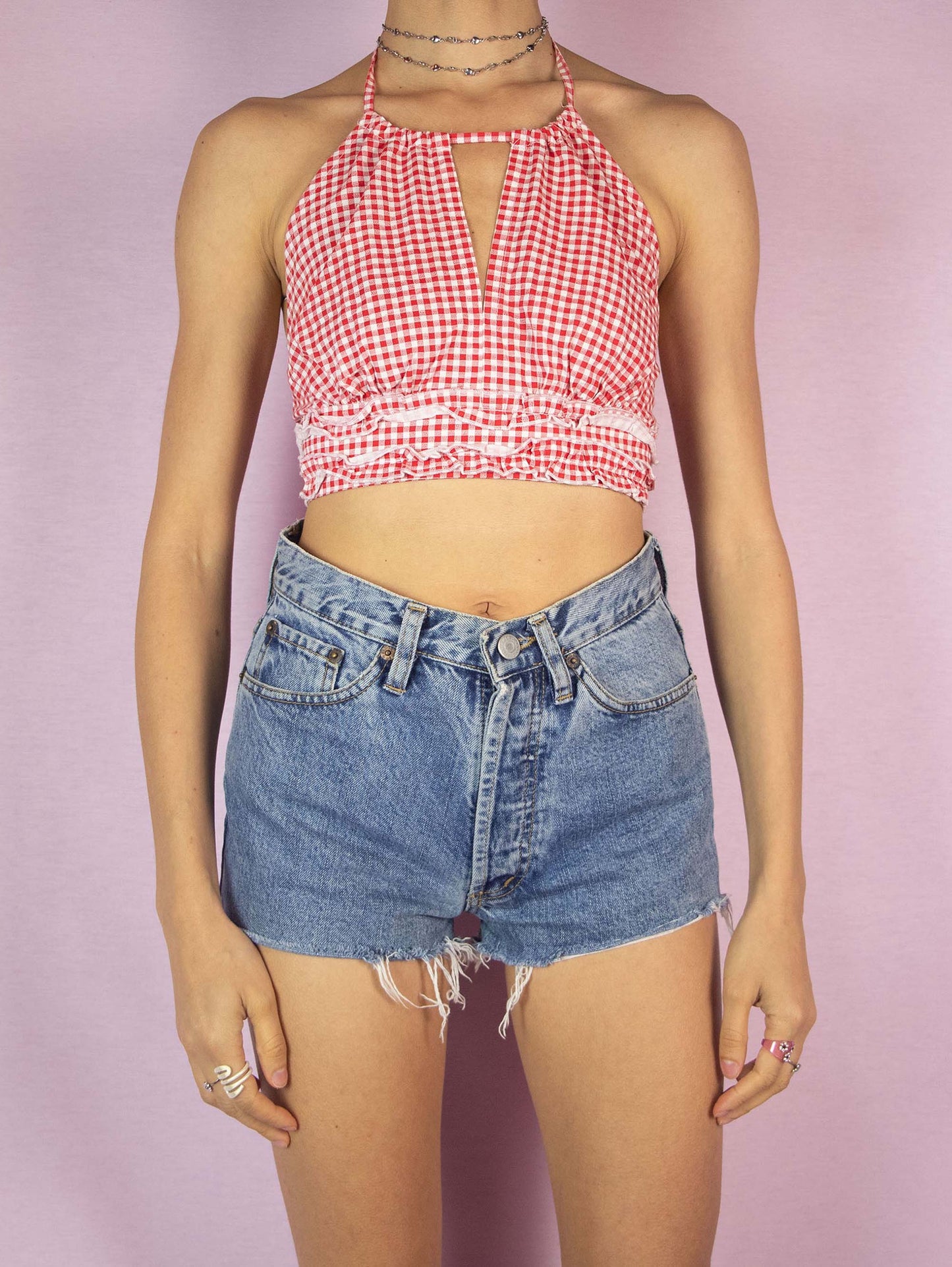 The Y2K Red Check Halter Crop Top is a vintage 2000s red and white gingham plaid elastic top perfect for summer beach days, which ties around the neck and back.
