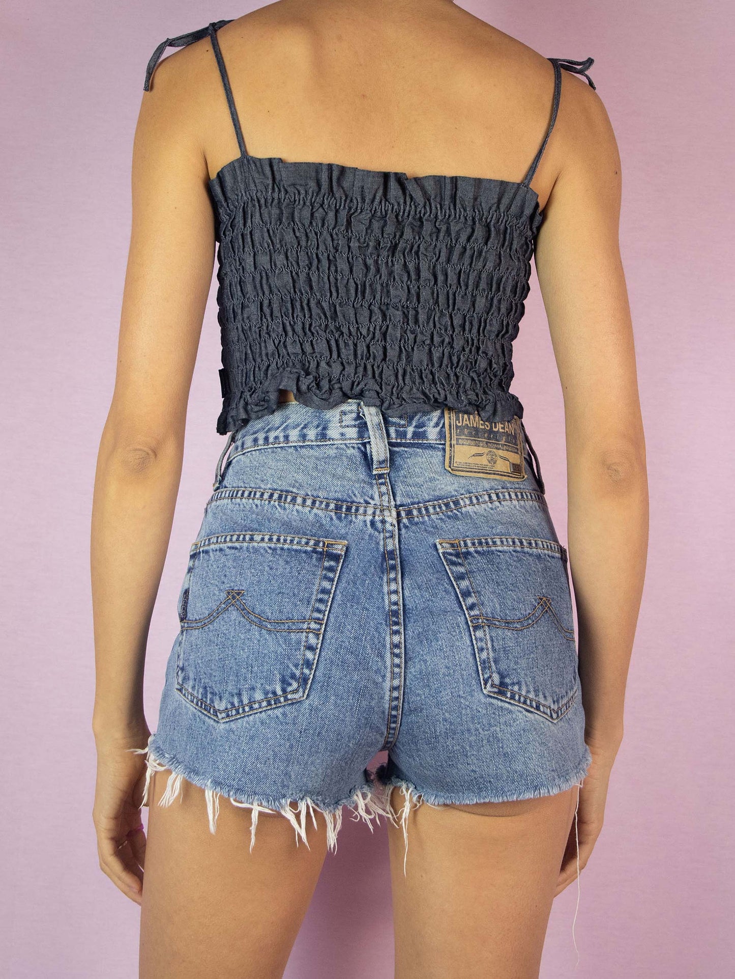 Y2K Denim Shirred Crop Top - XS