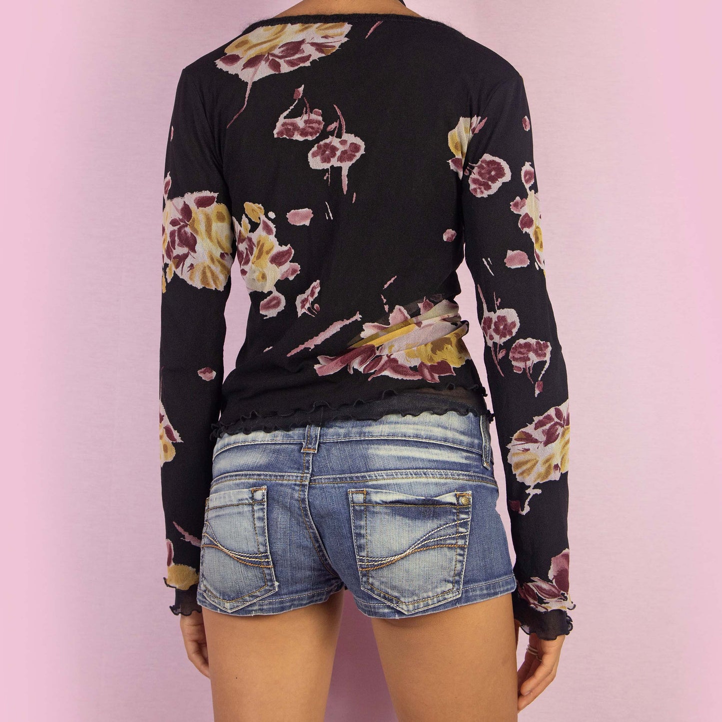 Vintage Y2K Black Mesh Floral Top - M