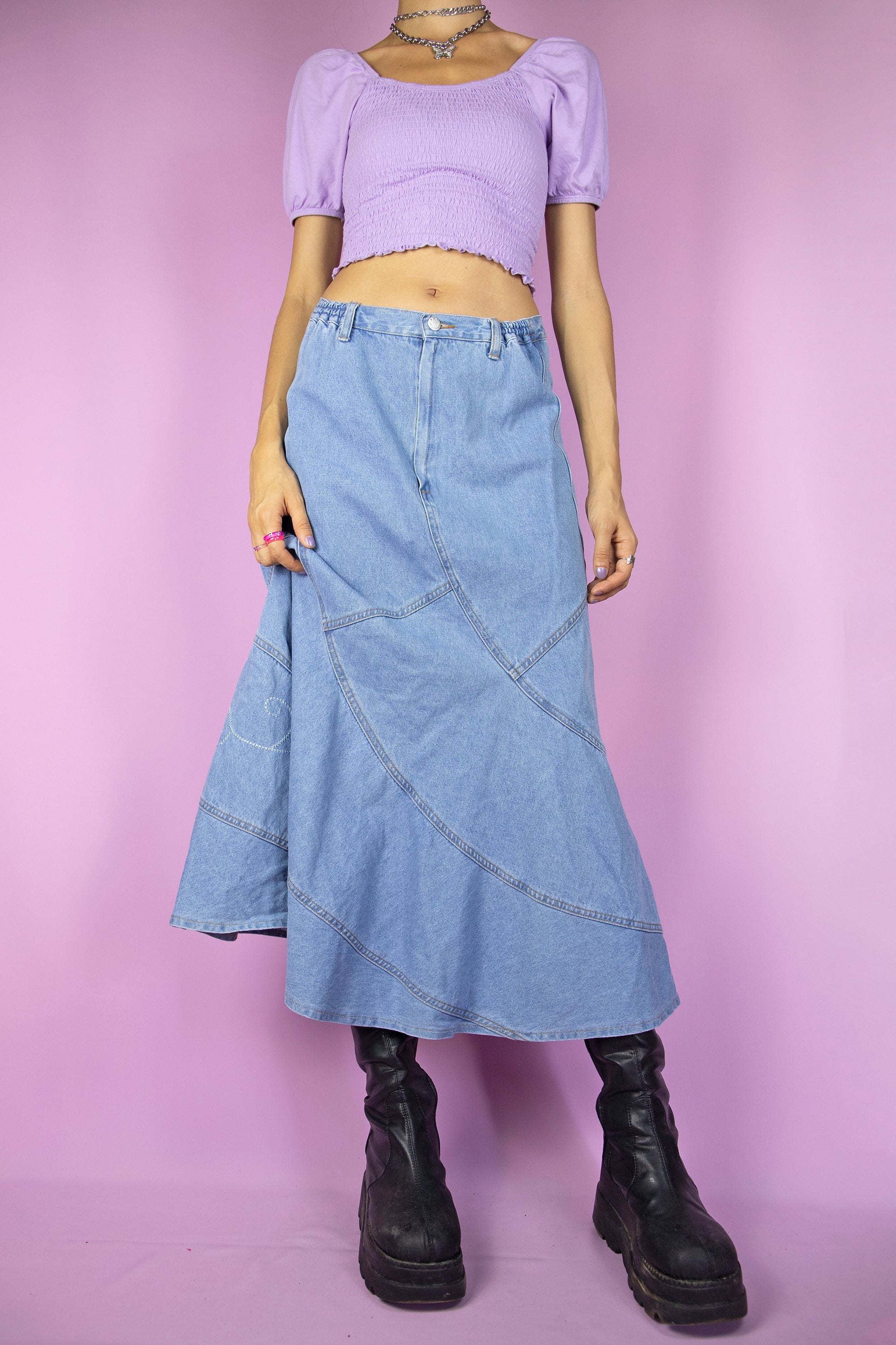 Y2K Denim Floral Midi Skirt - M – Adult World Shop