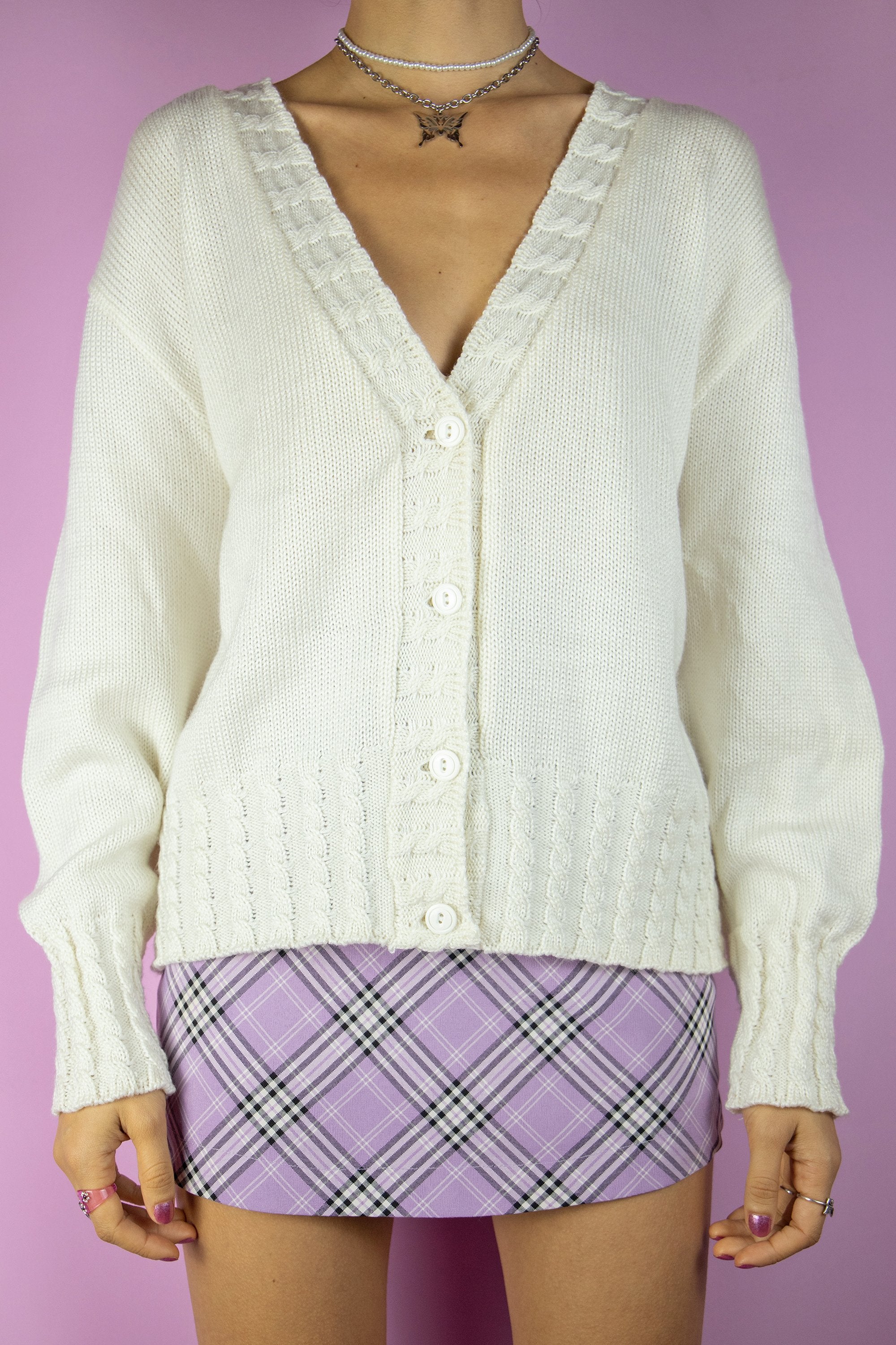 Vintage 90s White Preppy Knit Cardigan XL