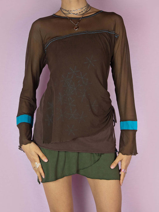 The Y2K Brown Mesh Asymmetric Top is a vintage 2000s subversive deconstructed long-sleeve semi-sheer layered shirt with a ruched side drawstring tie.