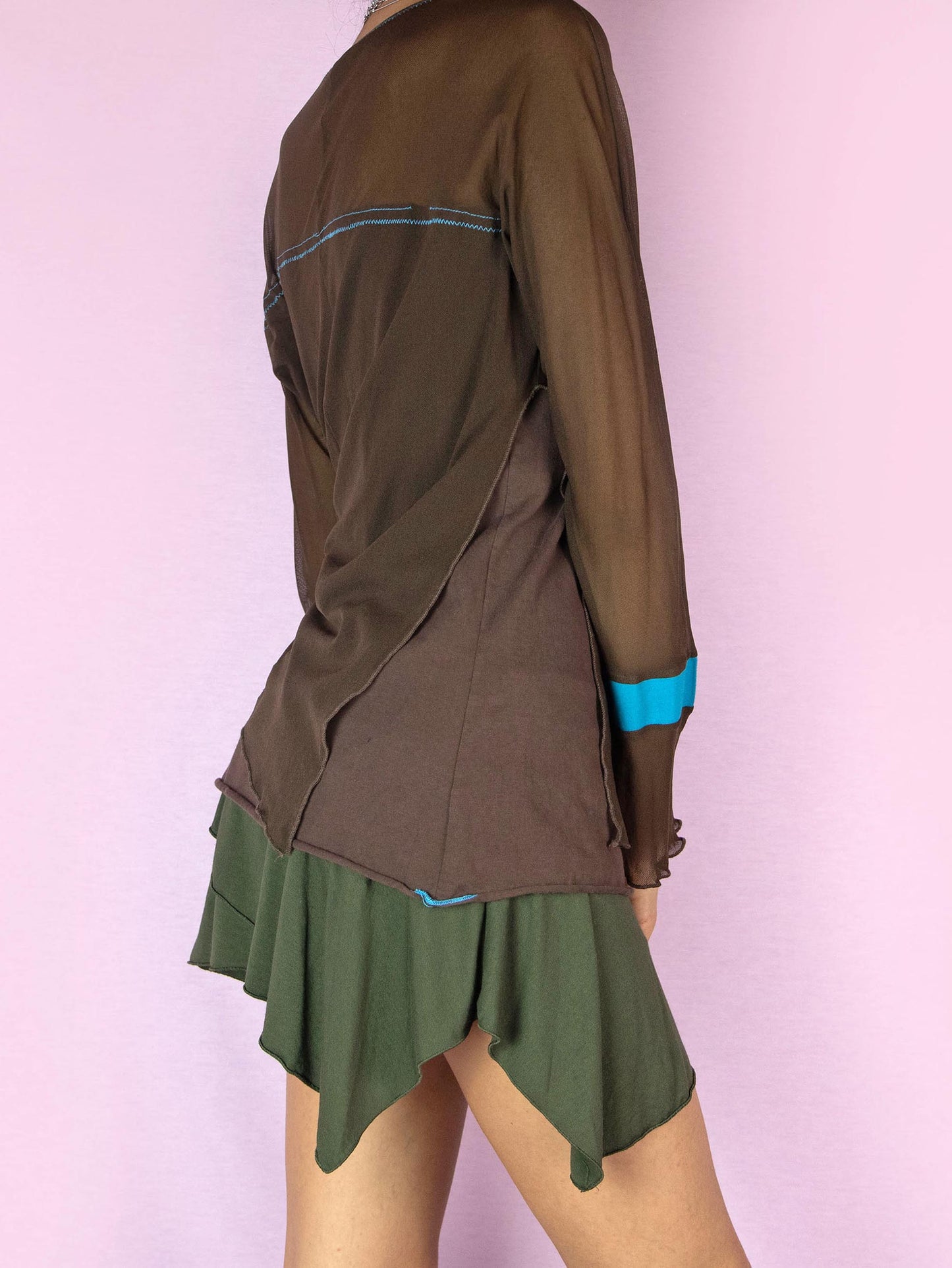 The Y2K Brown Mesh Asymmetric Top is a vintage 2000s subversive deconstructed long-sleeve semi-sheer layered shirt with a ruched side drawstring tie.