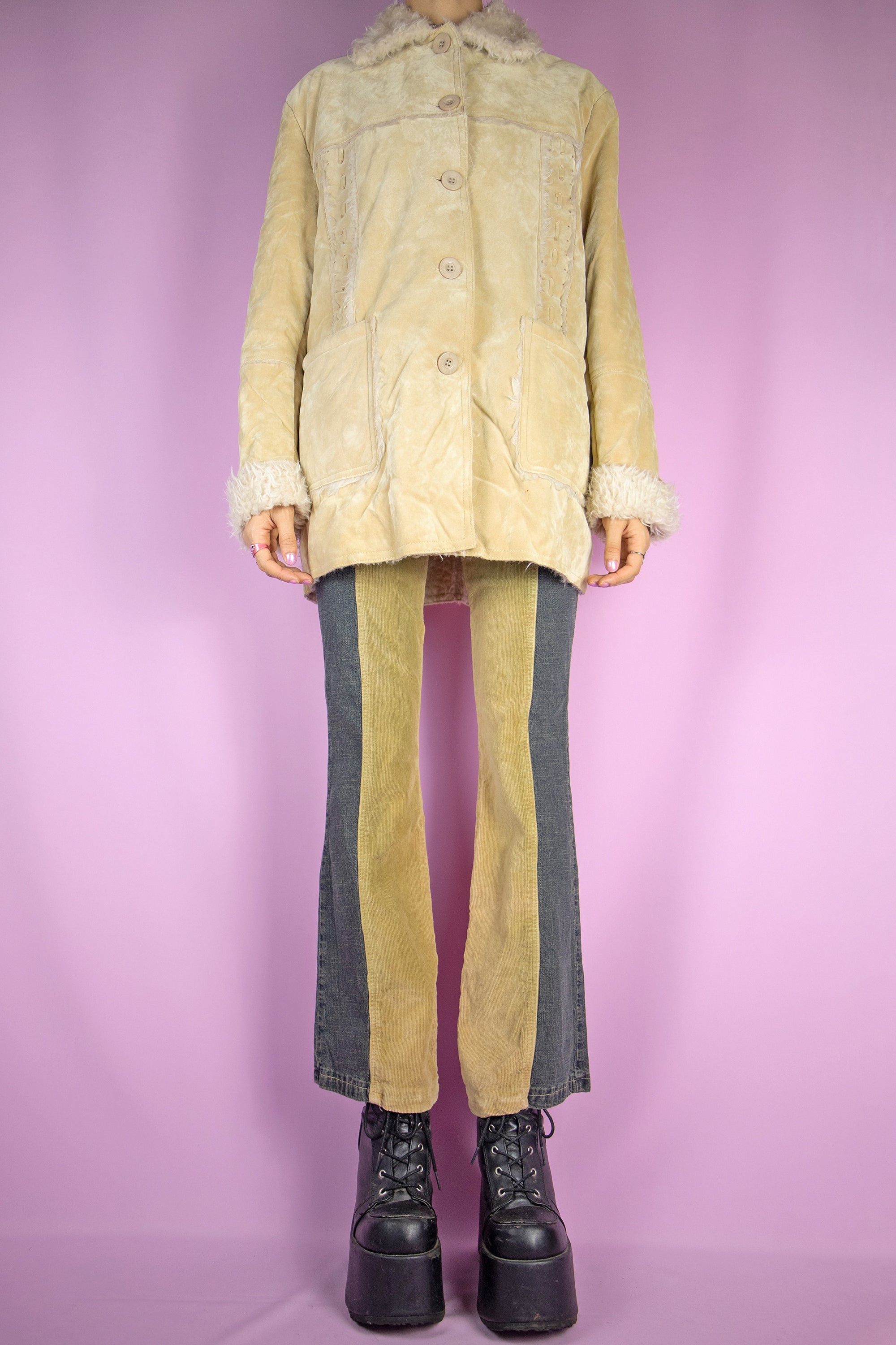 Y2K Beige Faux Fur Jacket - L