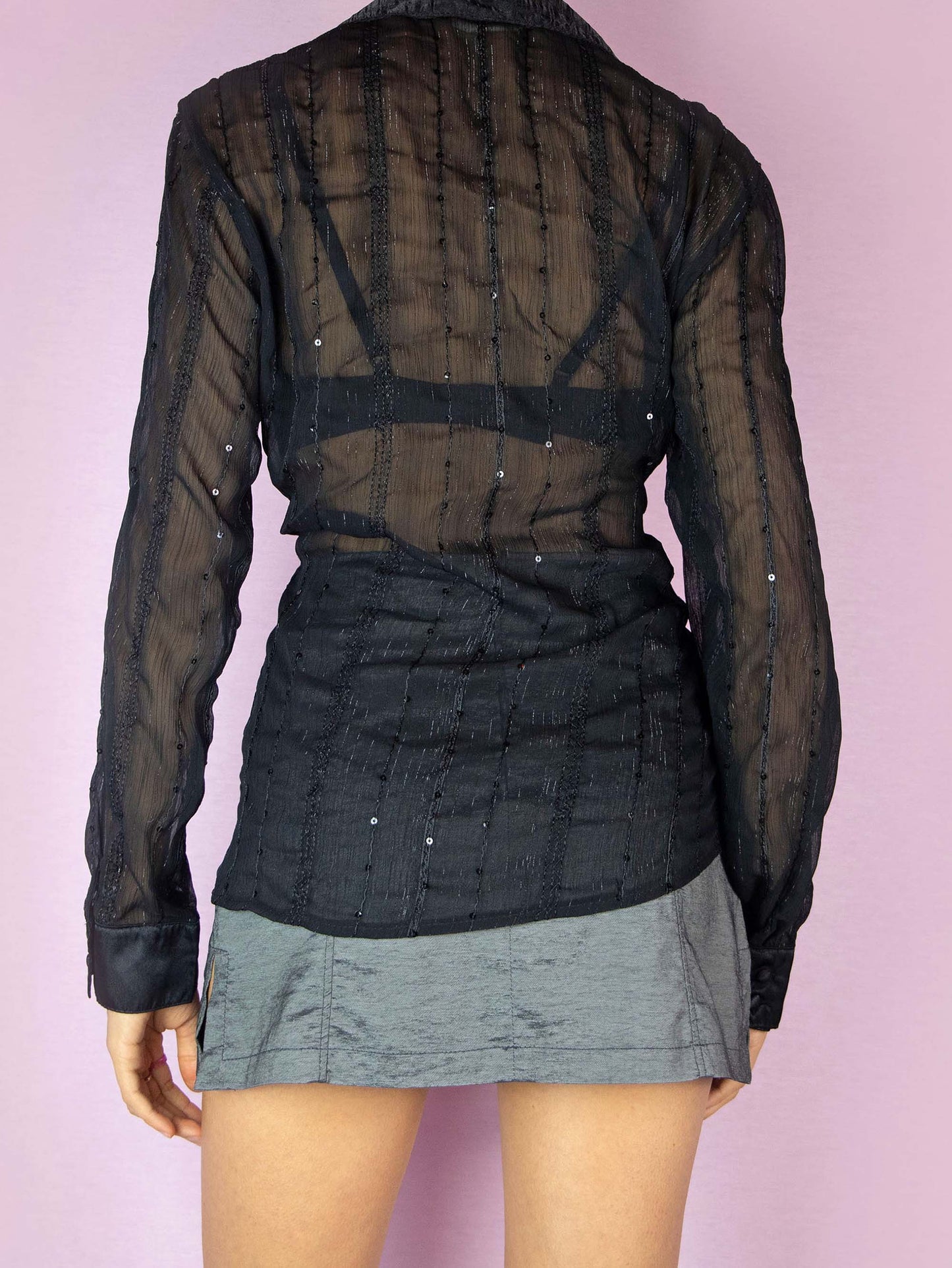 Y2K Black Sheer Wrap Blouse - XL