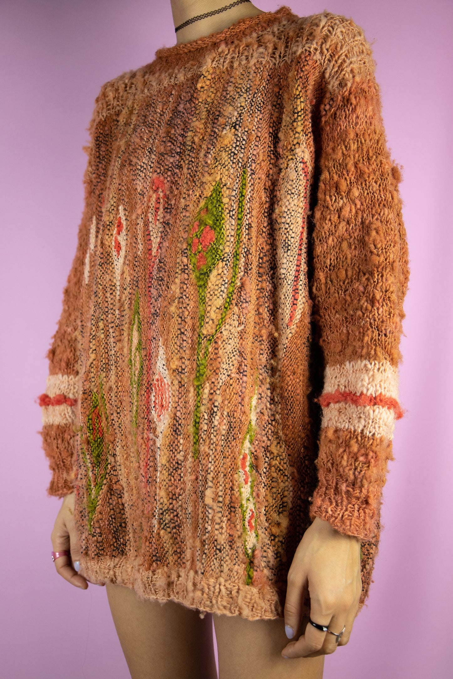 The Vintage 90s Chunky Knit Sweater is a terracotta orange and green knitted pullover with abstract crazy pattern. Boho grunge 1990s avant garde sweater.