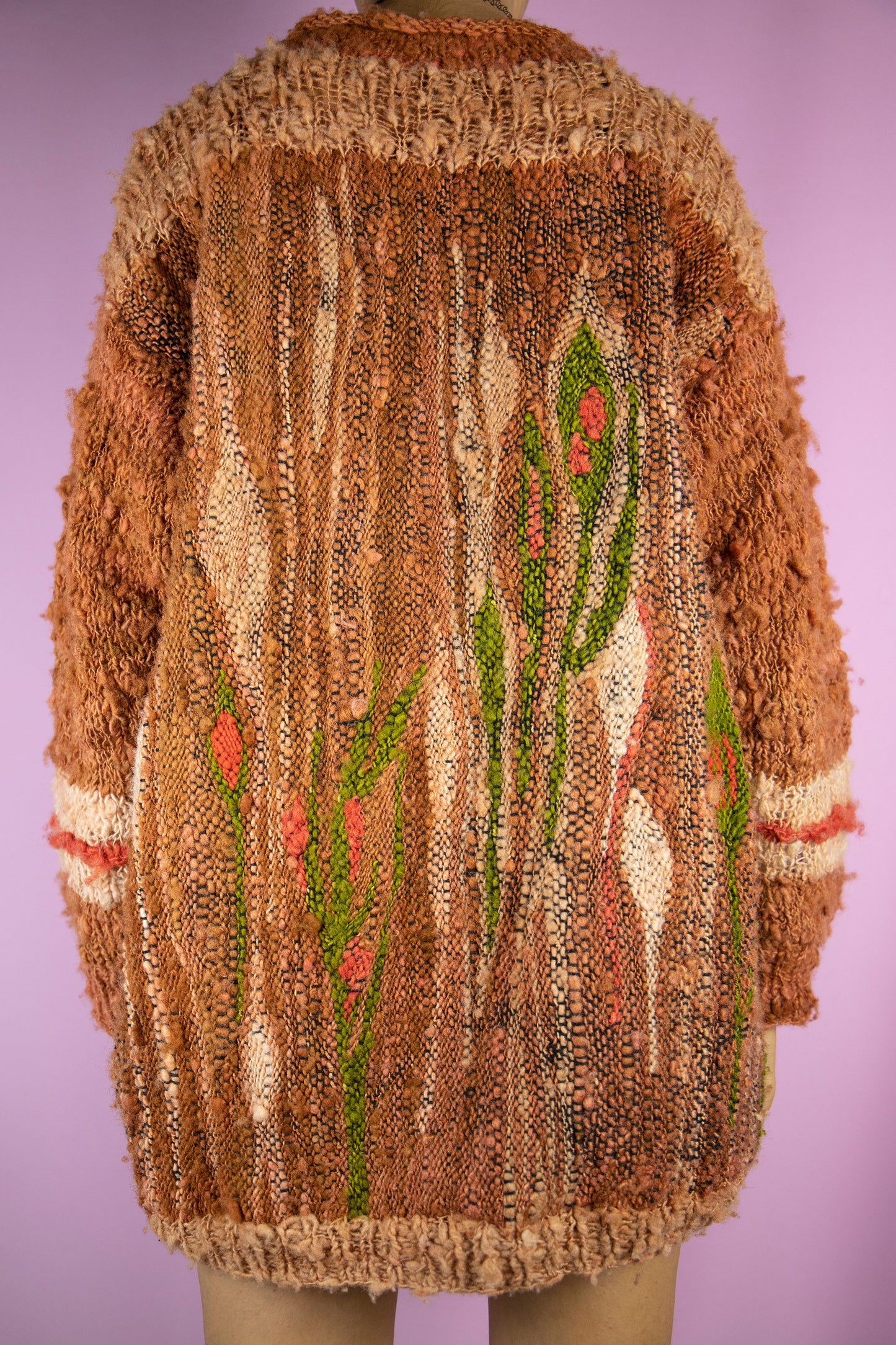 The Vintage 90s Chunky Knit Sweater is a terracotta orange and green knitted pullover with abstract crazy pattern. Boho grunge 1990s avant garde sweater.