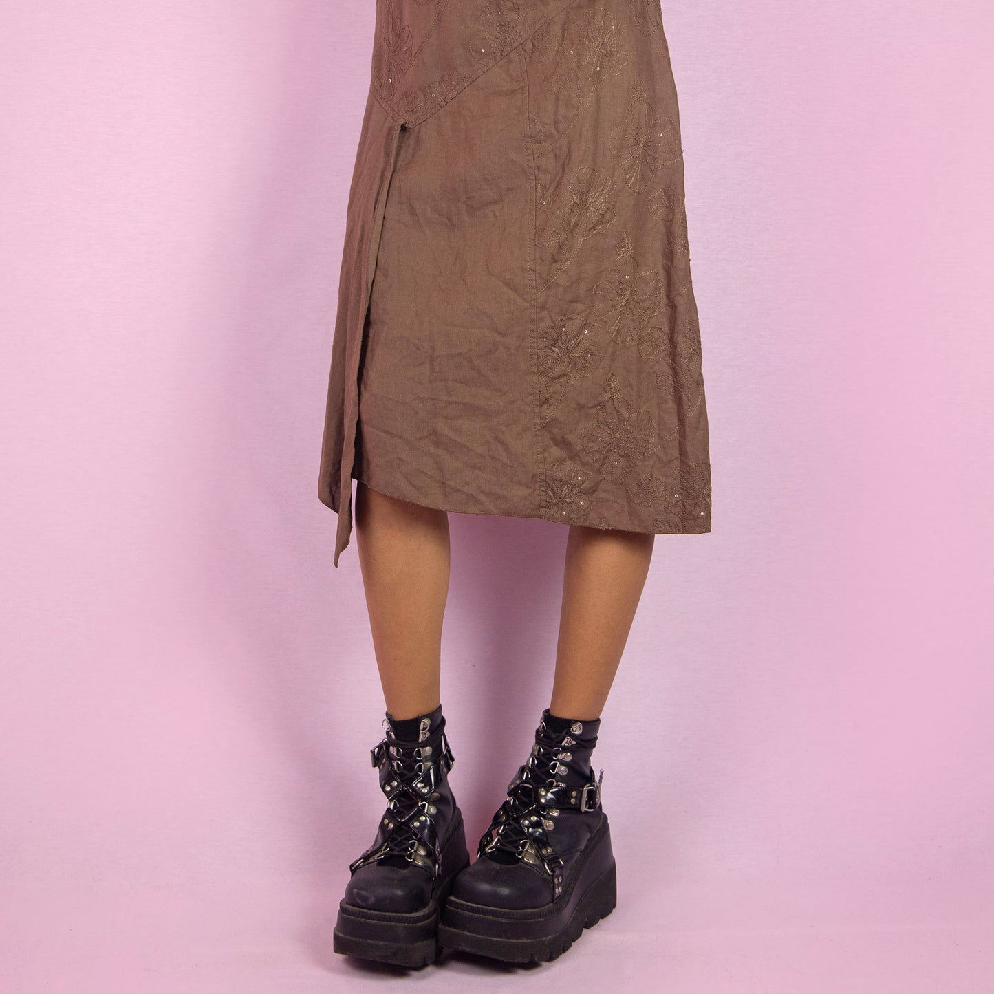 Vintage Y2K Brown Asymmetric Sleeveless Dress - S