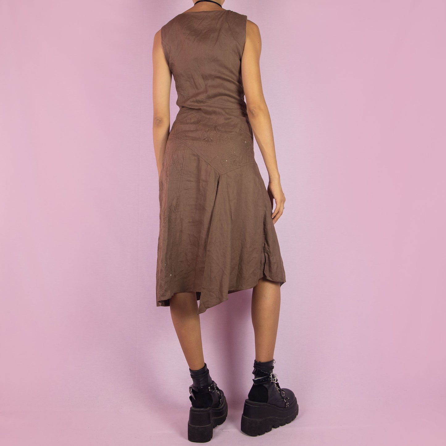 Vintage Y2K Brown Asymmetric Sleeveless Dress - S