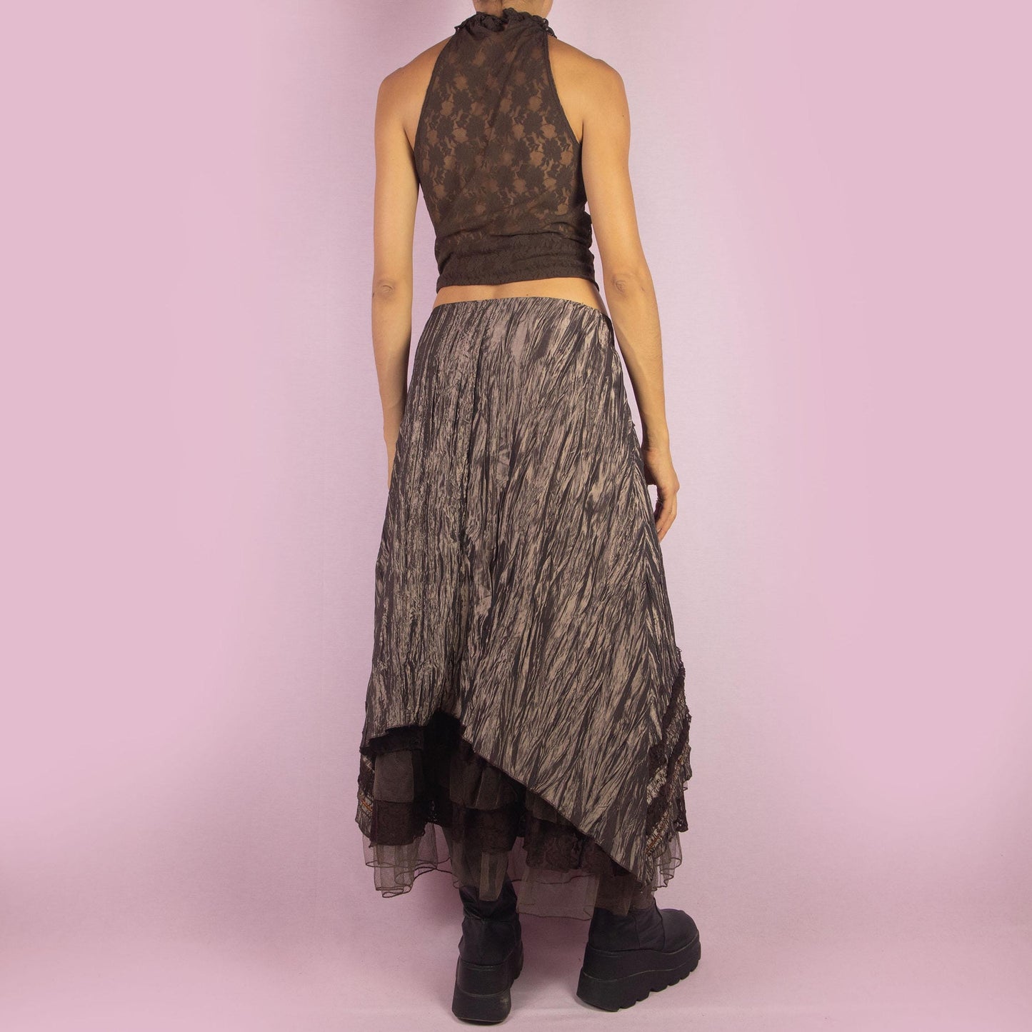 Vintage Y2K Brown Layered Midi Skirt - M