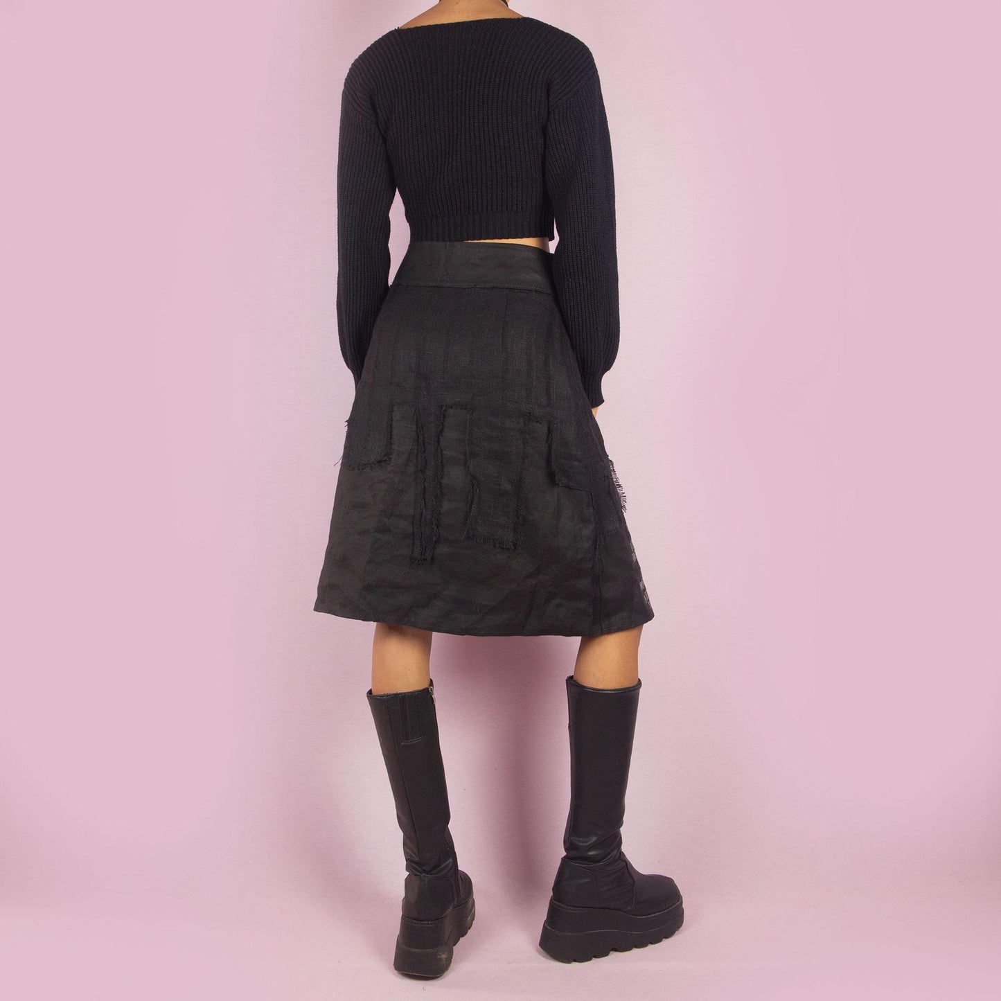 Vintage Y2K Layered Black Midi Skirt - S