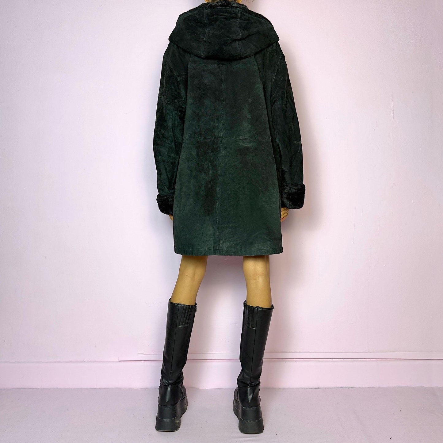 Vintage 90s Black Hooded Leather Coat - XL