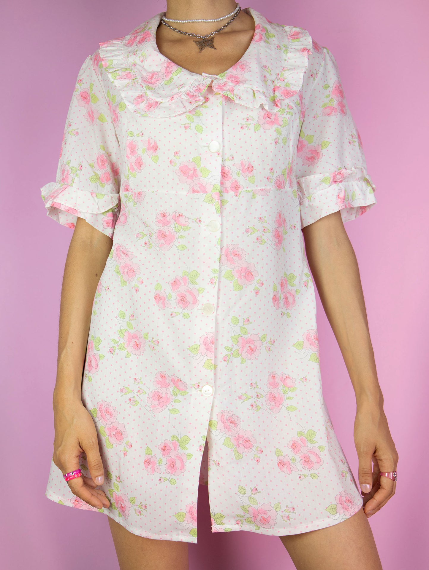 Vintage 90's White Floral Mini Dress - S/M